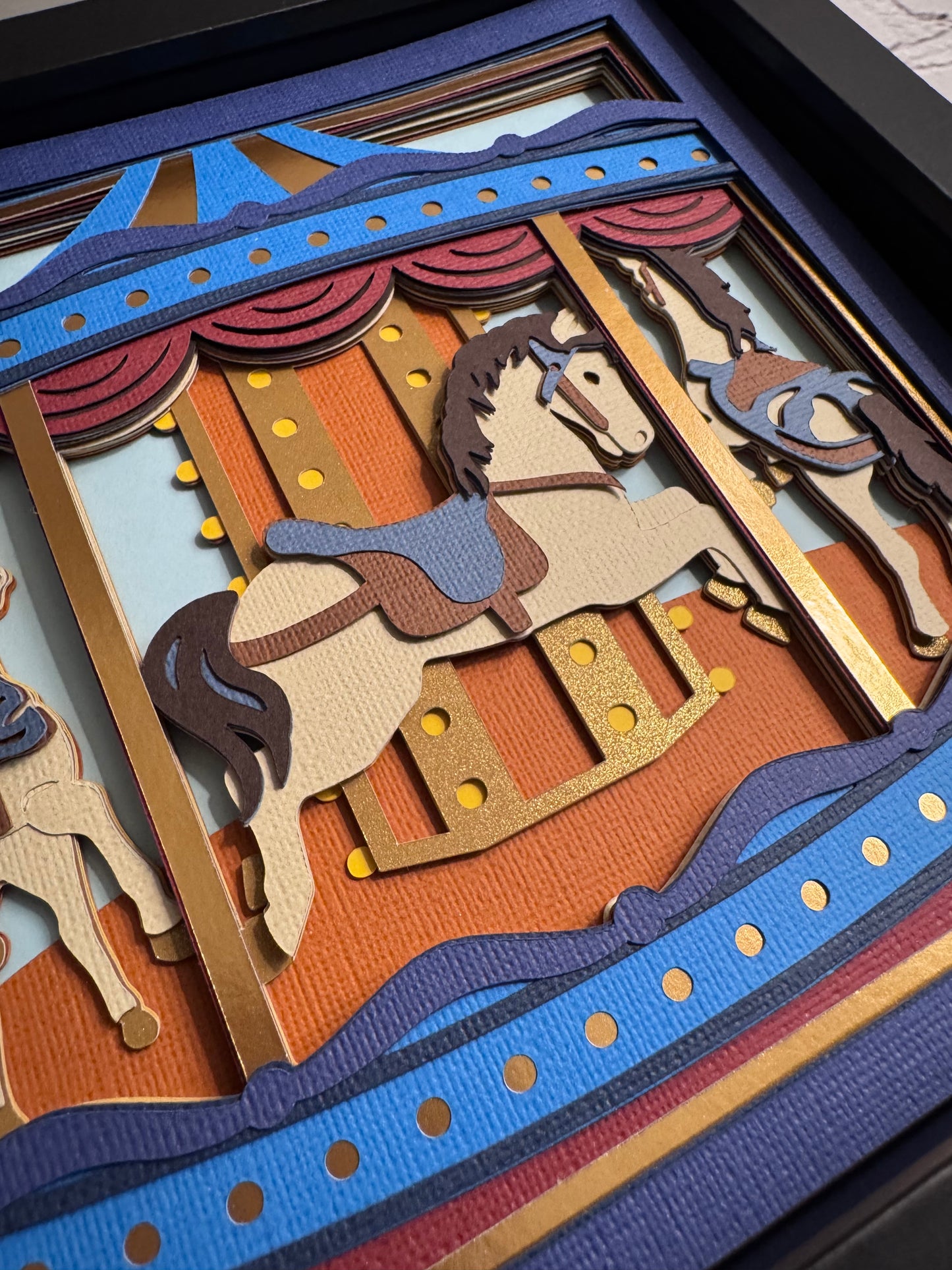 Carousel with horses 3D paper art in a shadowbox