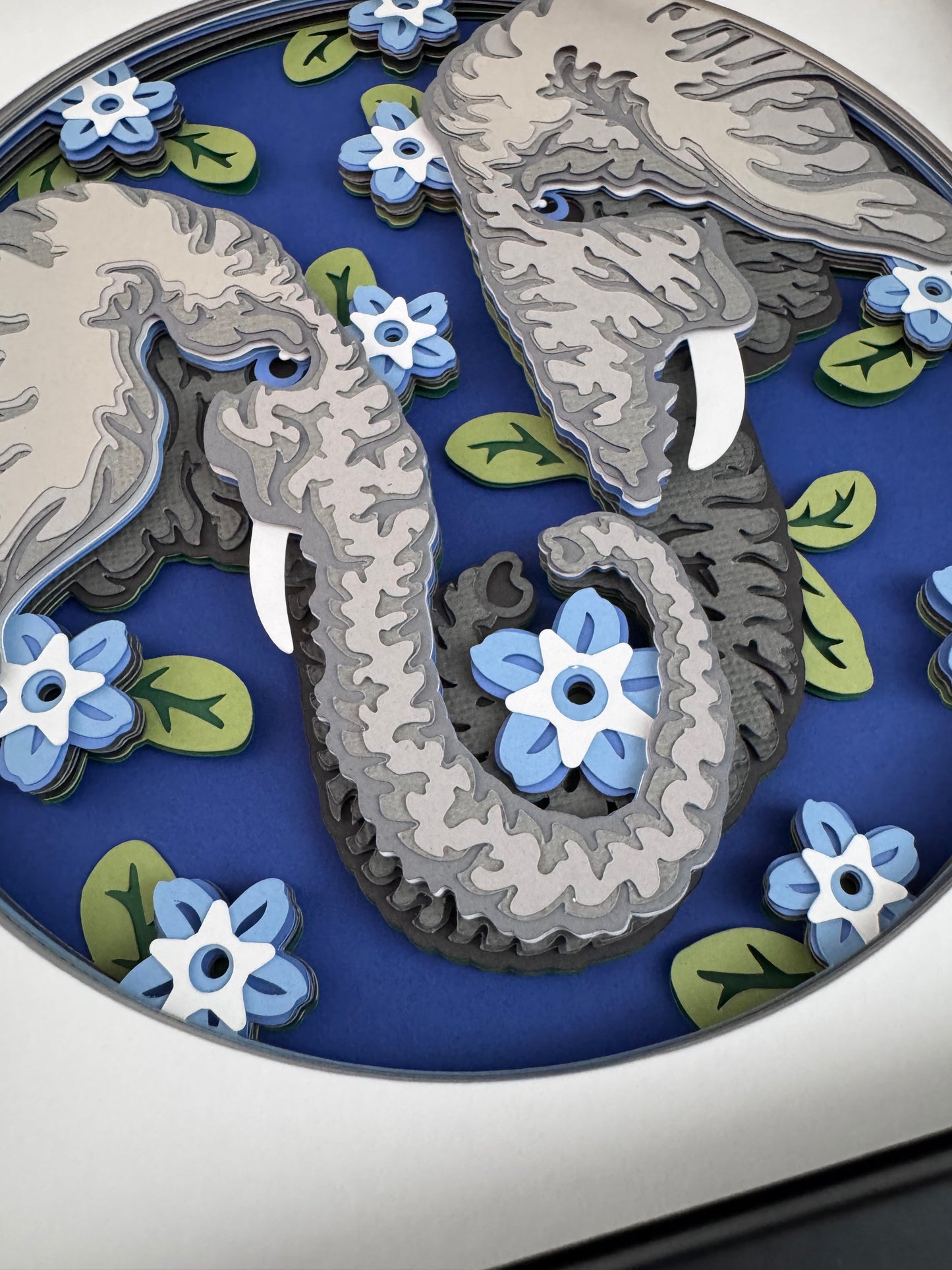 Elephant pair 3D paper art in a shadowbox
