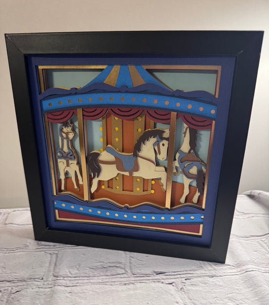 Carousel with horses 3D paper art in a shadowbox