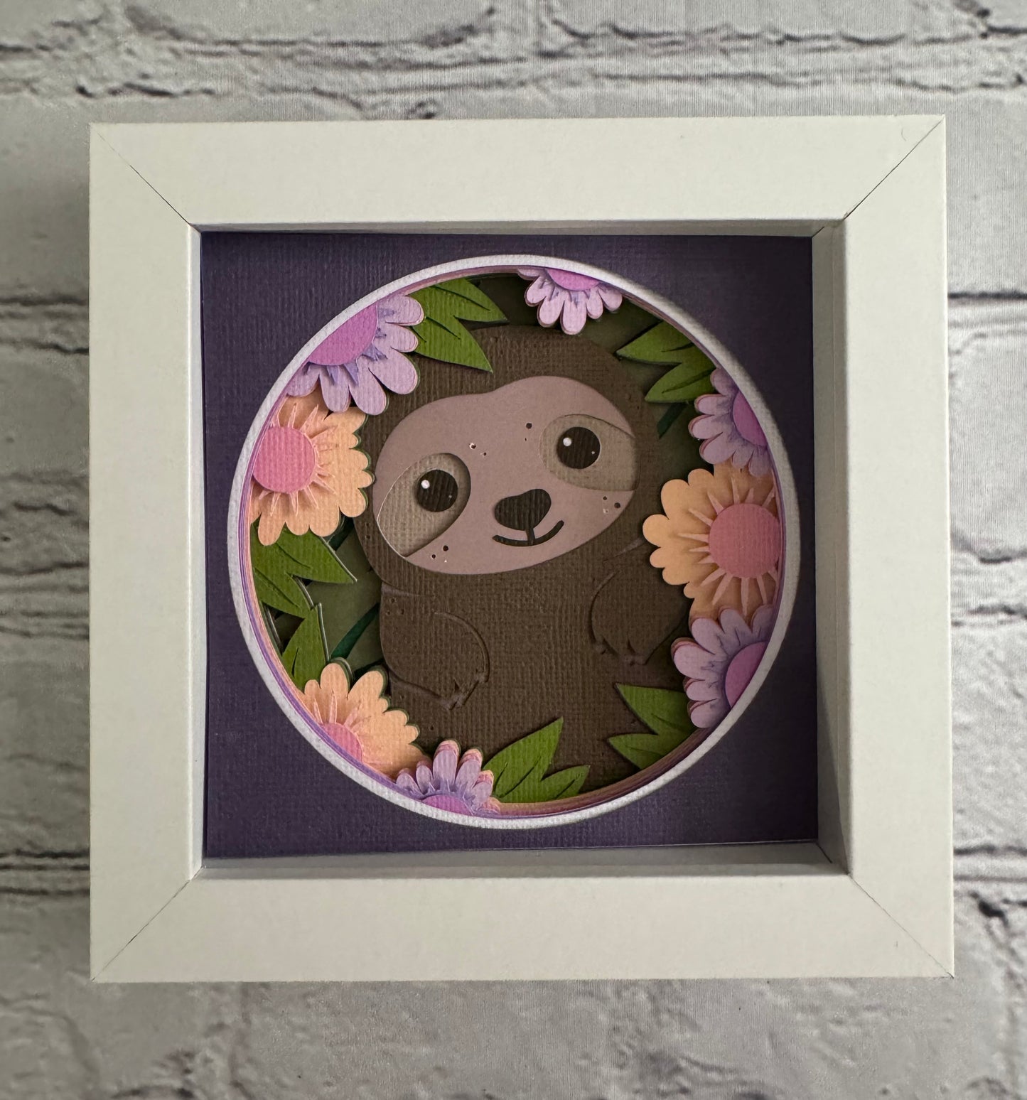 Sloth in flowers mini 3D paper art in a shadowbox