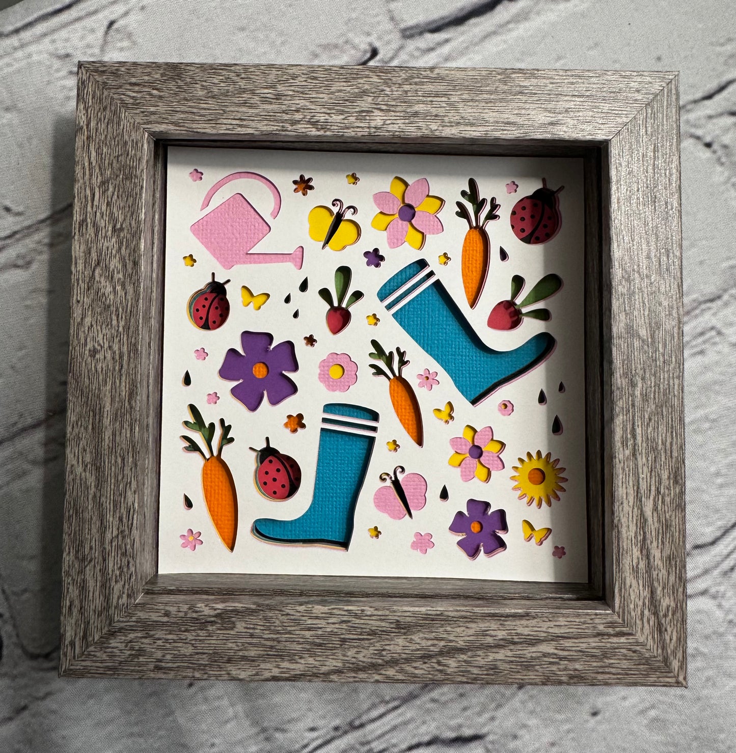 Gardening playful collage scene mini 3D paper art in a shadowbox
