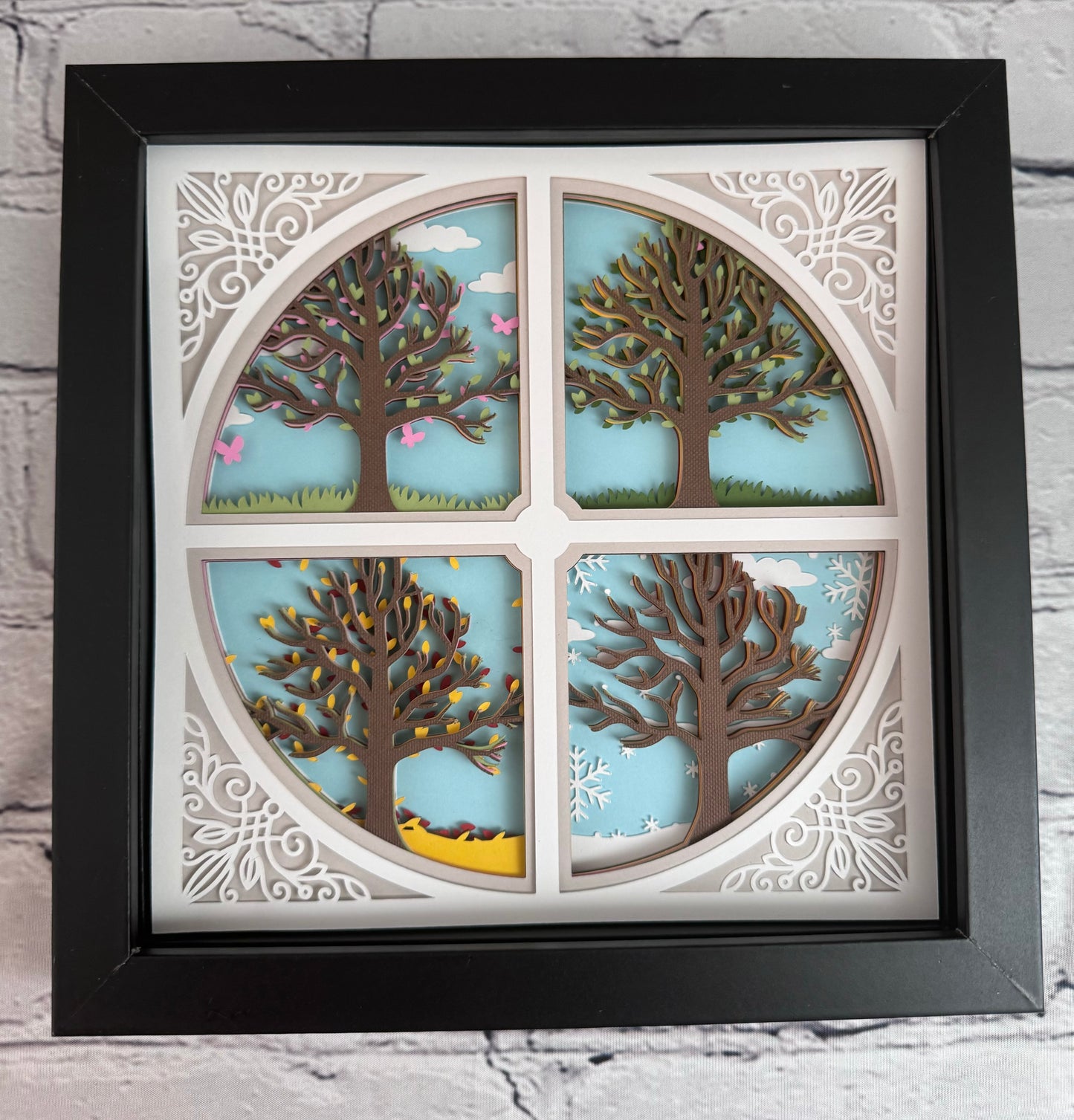Intricate frame four seasons trees 3D paper art in a shadowbox