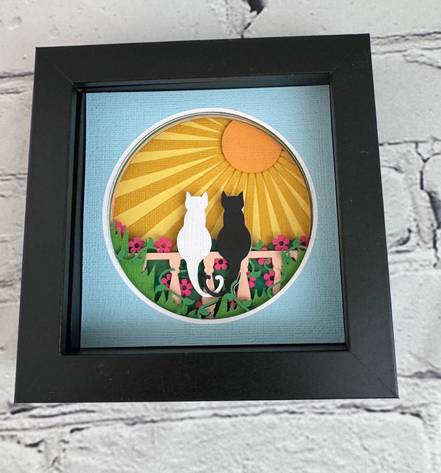 Two cats on fence with heart tails 3D paper art in a shadowbox