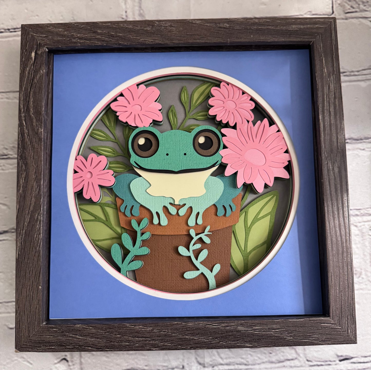Frog in a flower pot 3D paper art in a shadowbox