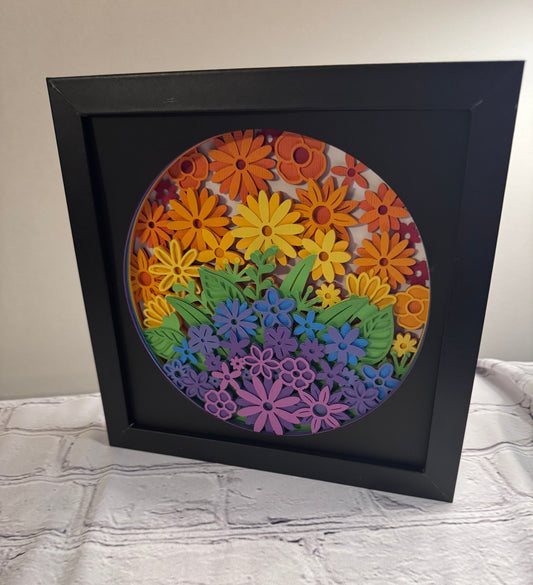 Rainbow flowers 3D paper art in a shadowbox