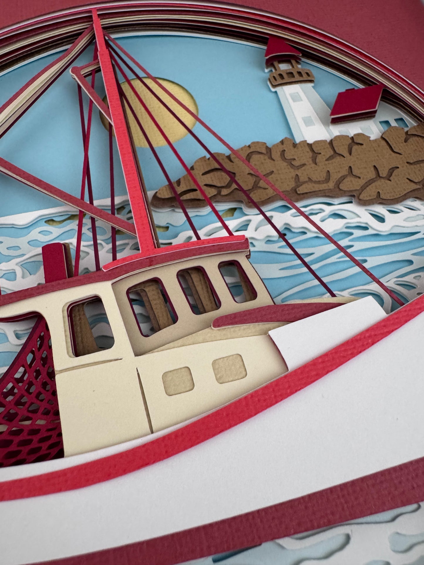 Fishing boat 3D paper art in a shadowbox