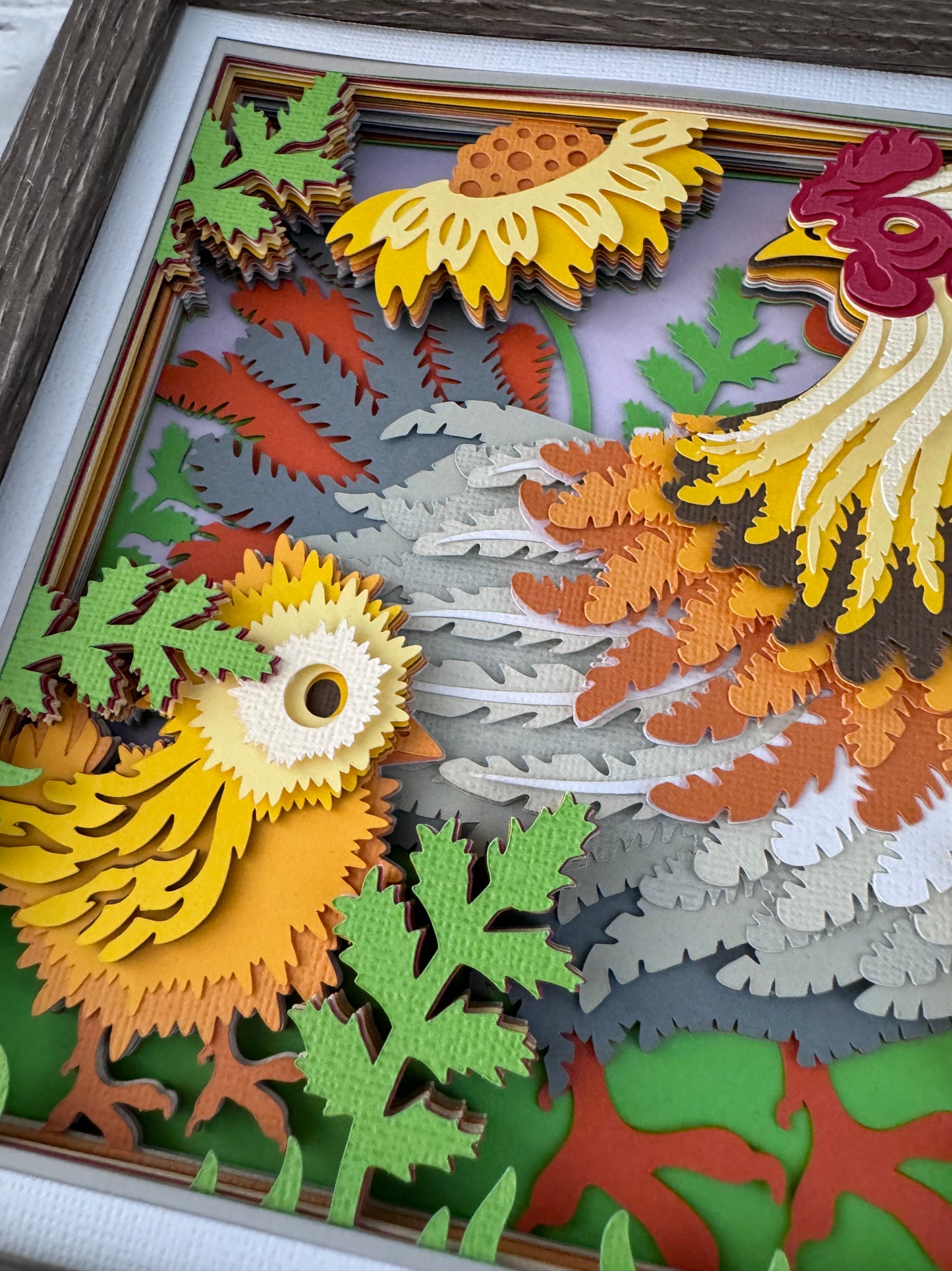 Chicken mama and chicks design 3D paper art in a shadowbox