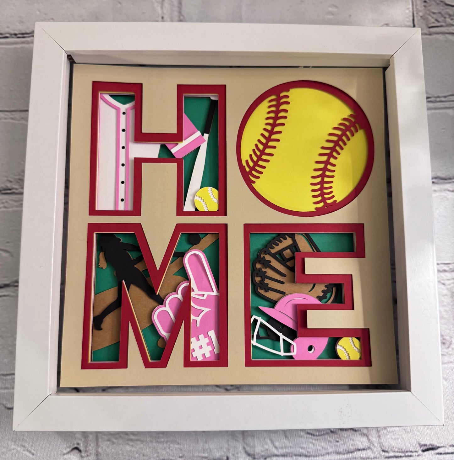 Home- Softball 3D paper art in a shadowbox