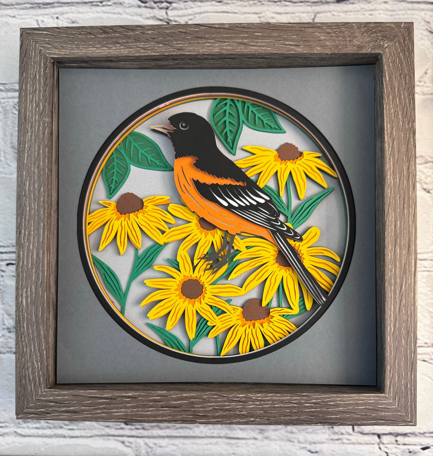 Baltimore oriole Maryland state bird 3D paper art in a shadowbox