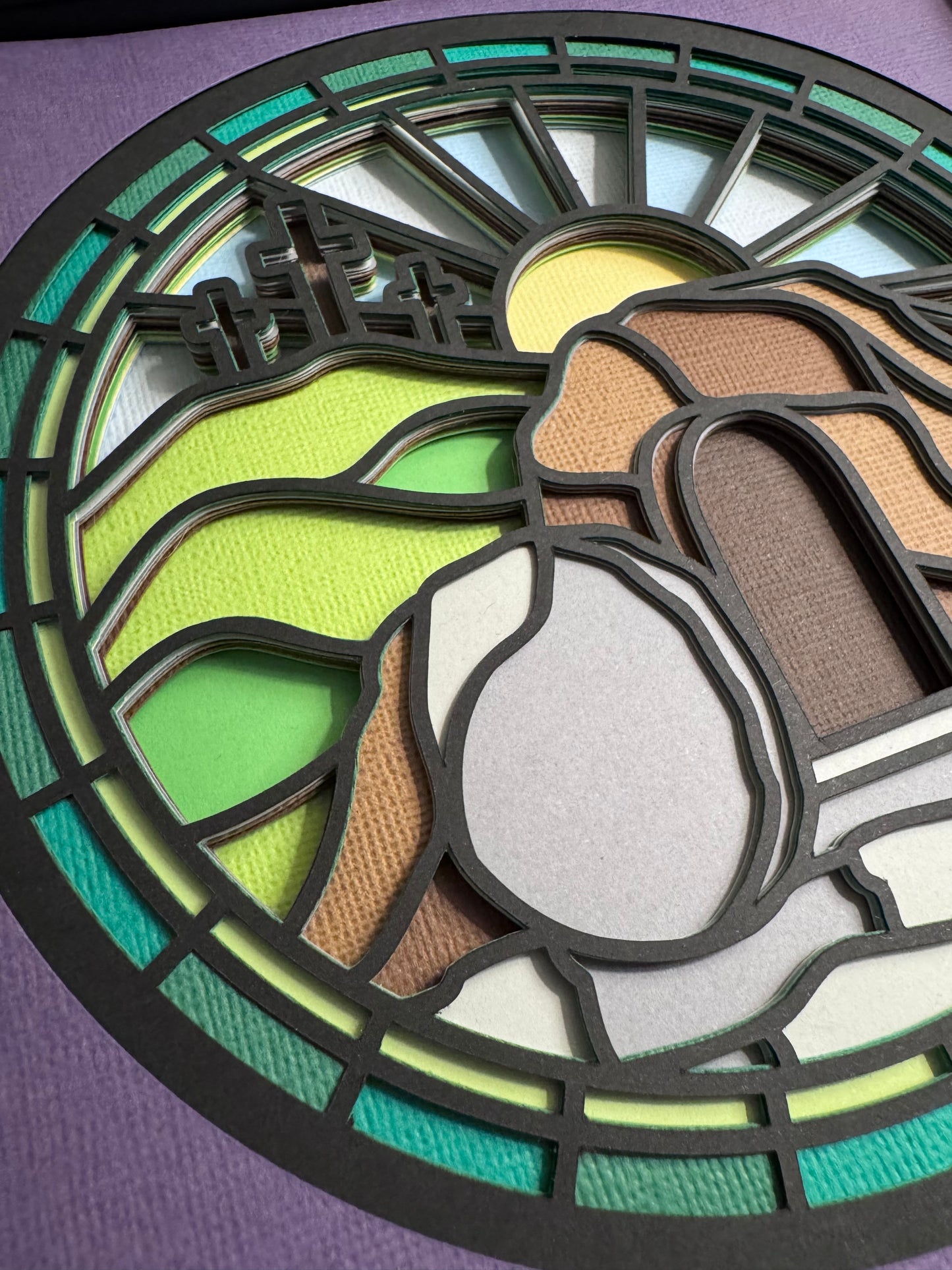 Stained glass empty tomb 3D paper art in a shadowbox