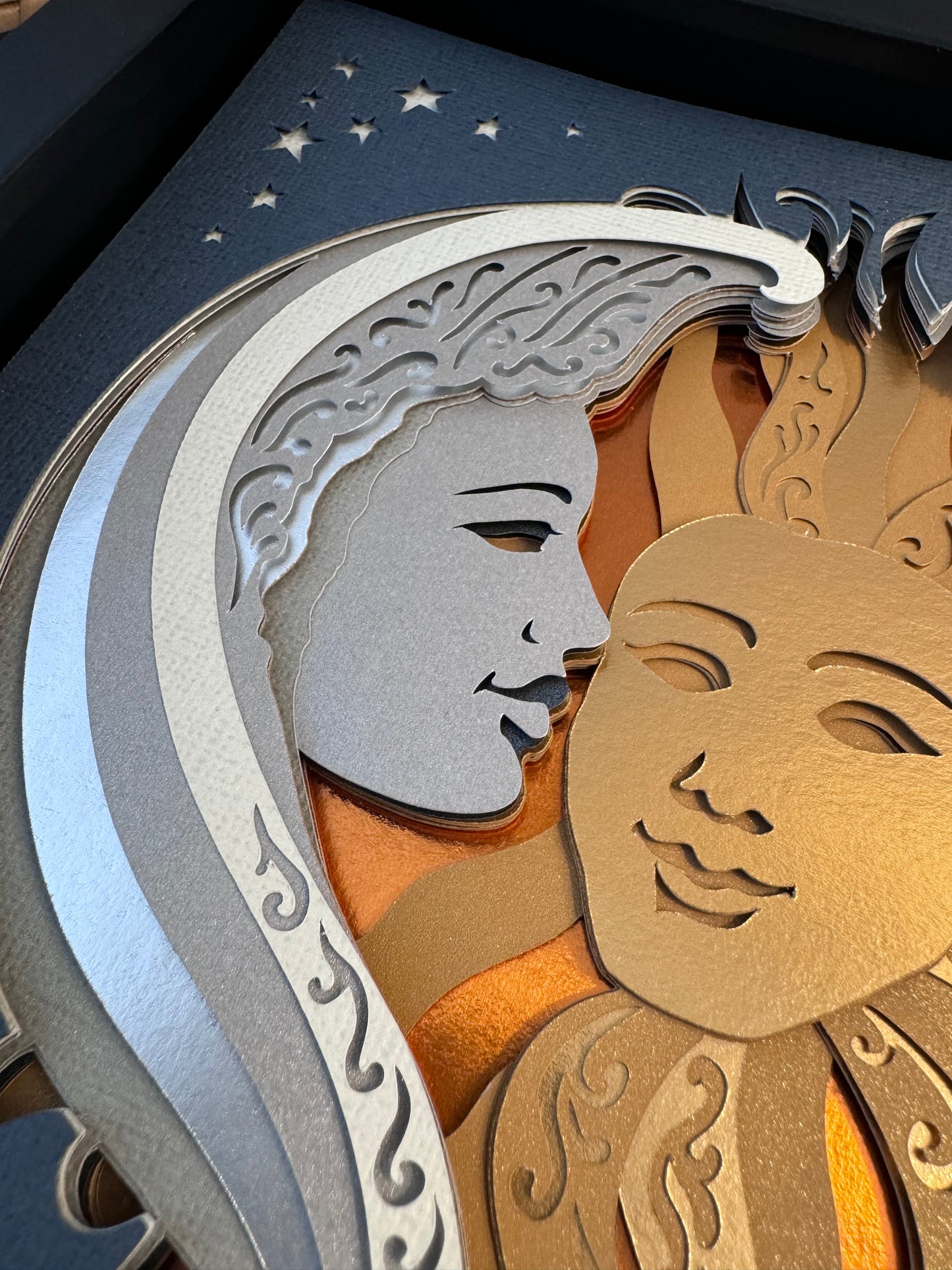 Celestial sun and moon faces3D paper art shadowbox