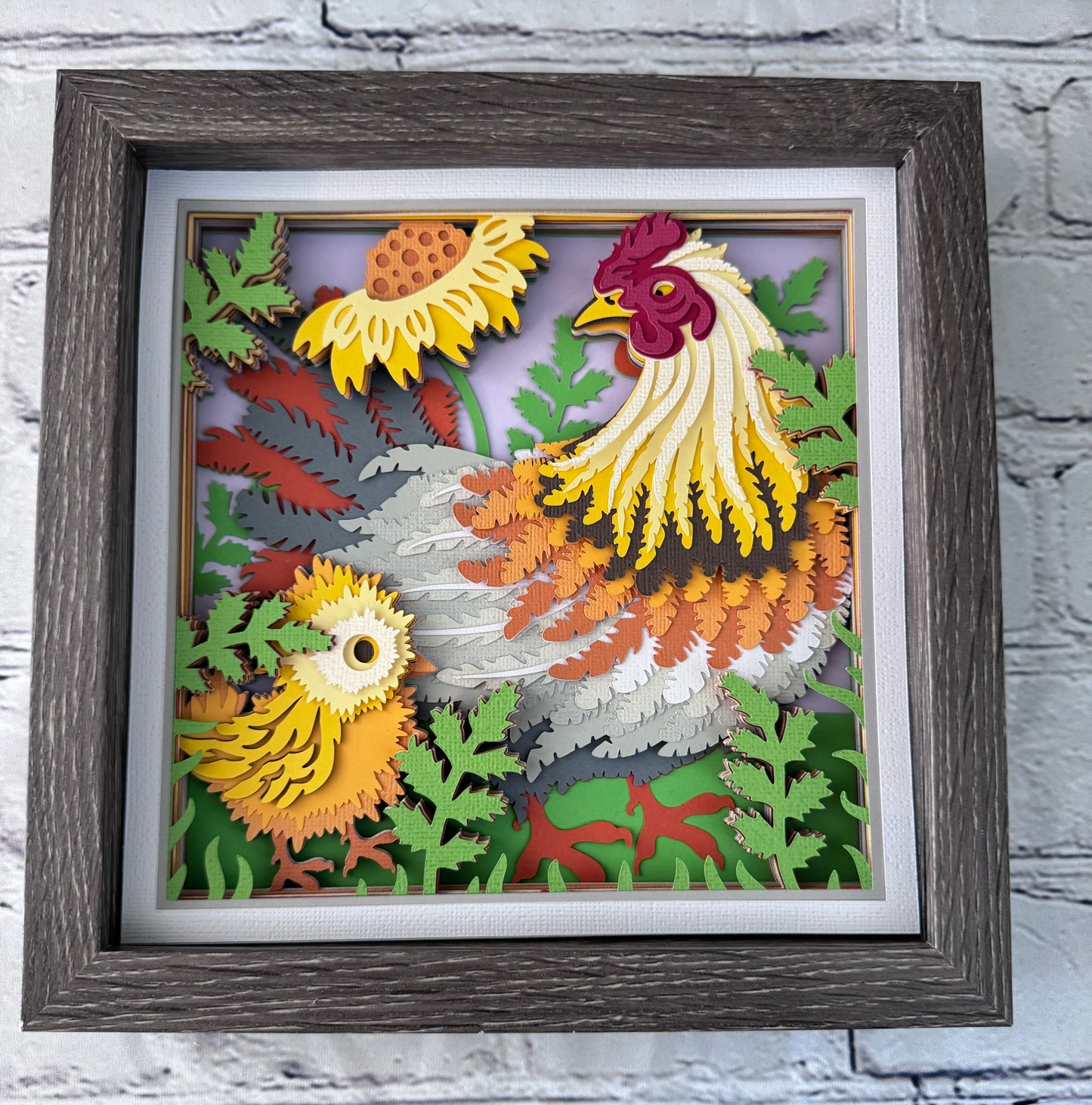 Chicken mama and chicks design 3D paper art in a shadowbox