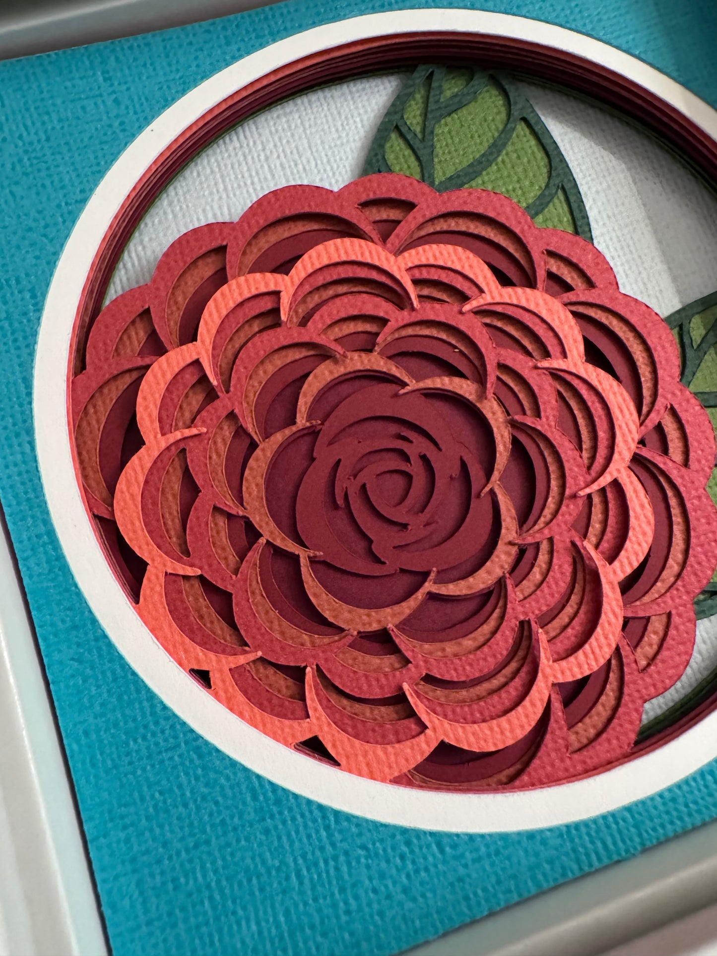 Camellia close up mini 3D paper art in a shadowbox