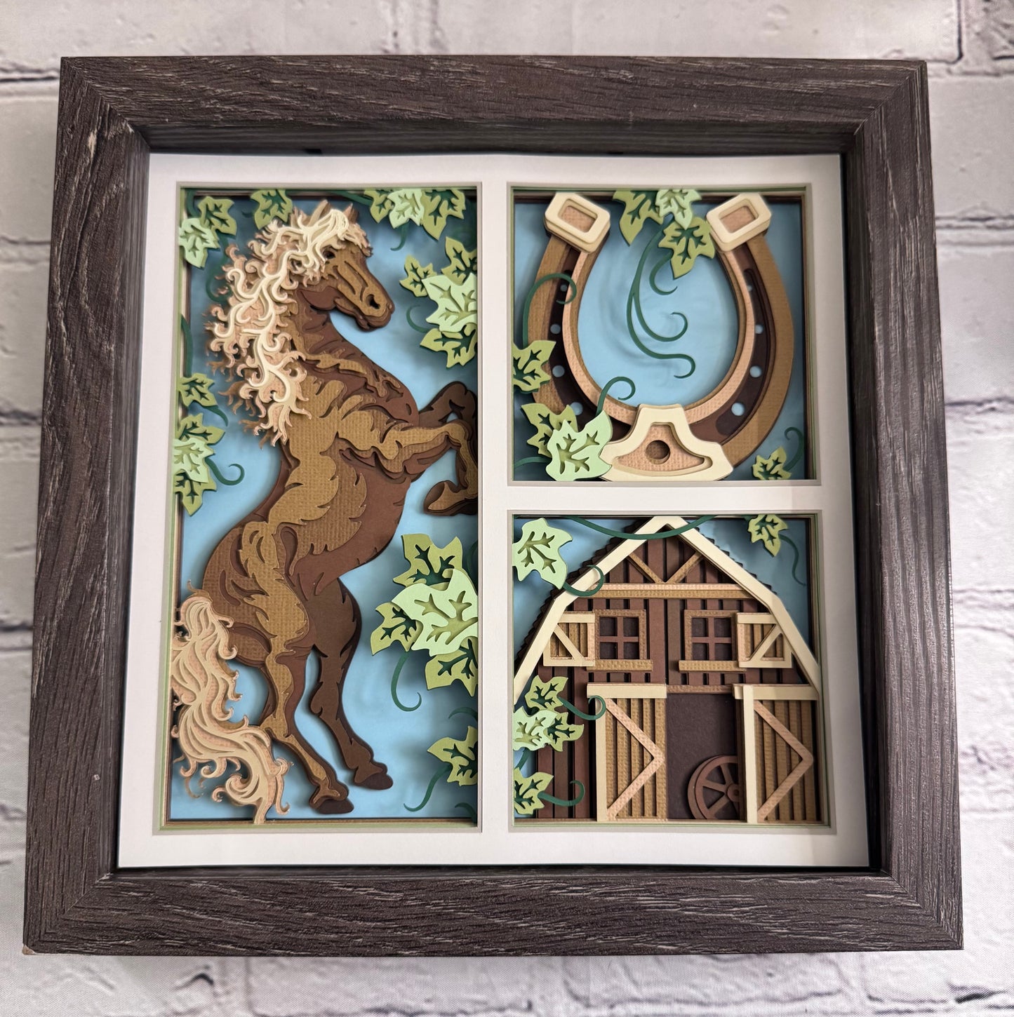 Horse with barn and horseshoe 3D paper art in a shadowbox