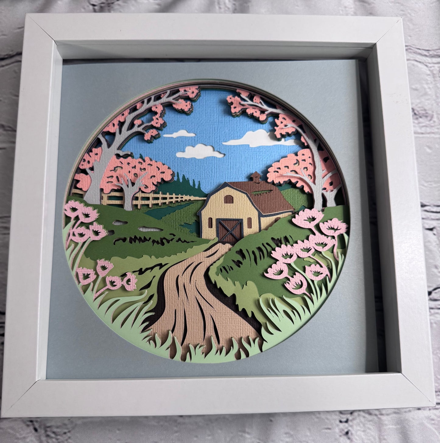 Spring barn 3D paper art in a shadowbox