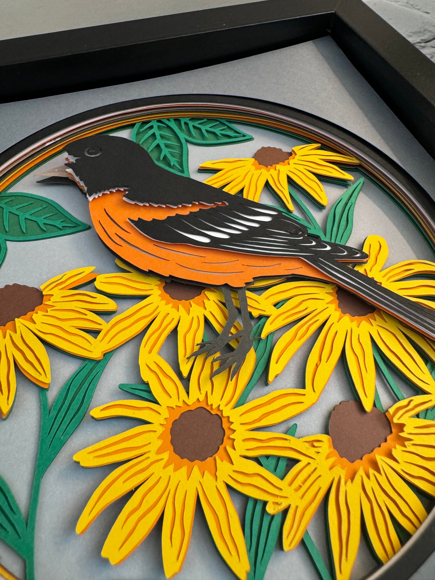 Baltimore oriole Maryland state bird 3D paper art in a shadowbox