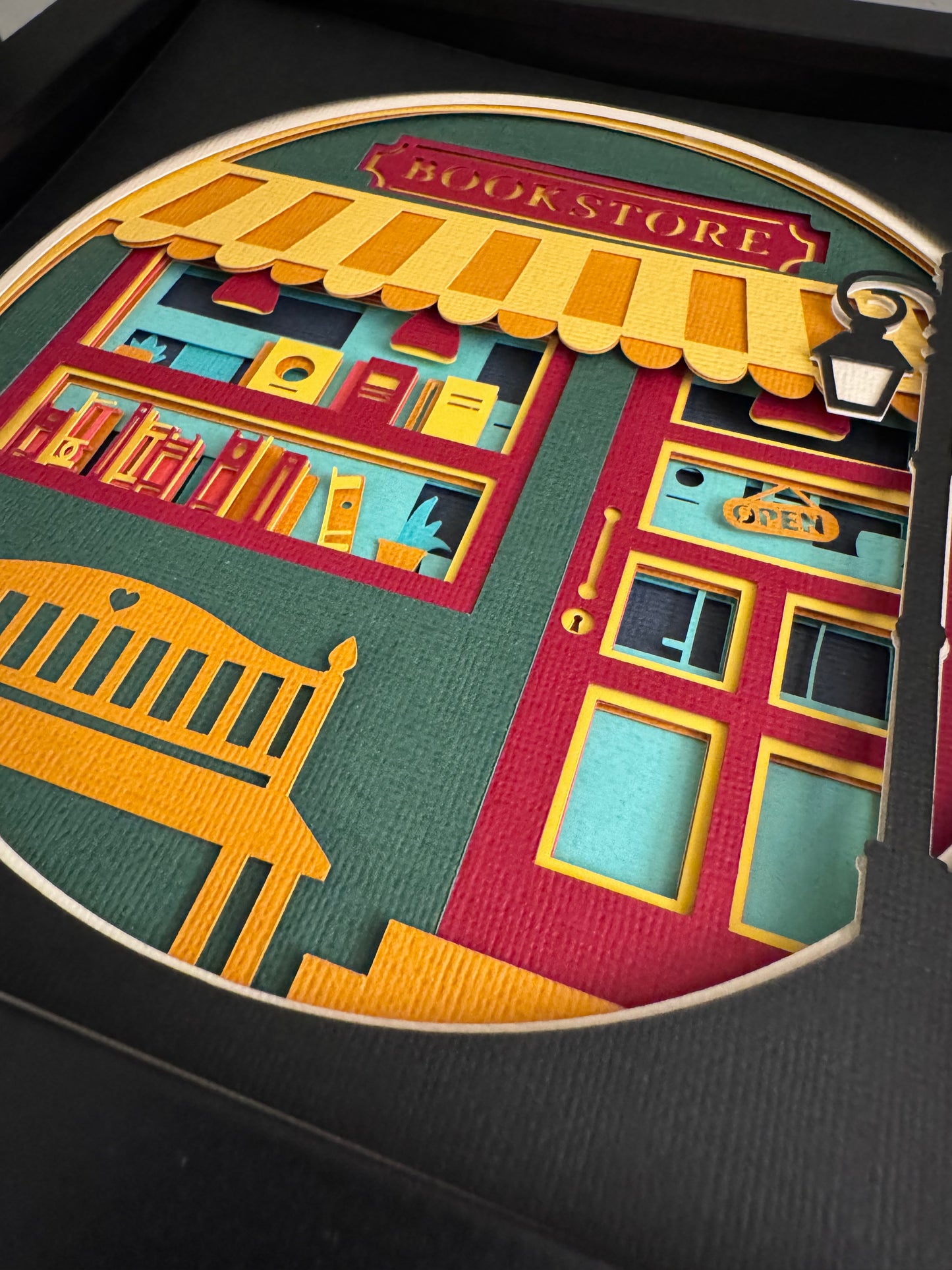 Bookstore 3D paper art in a shadowbox