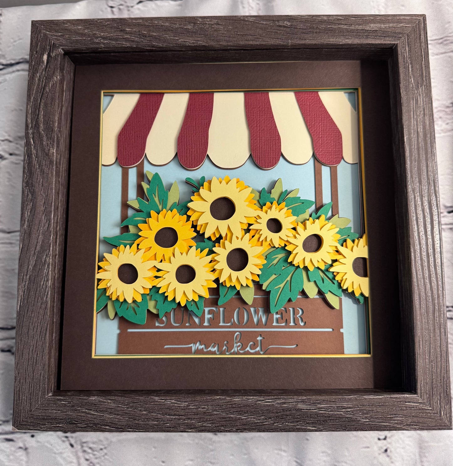 Sunflower stand 3D paper art in a shadowbox