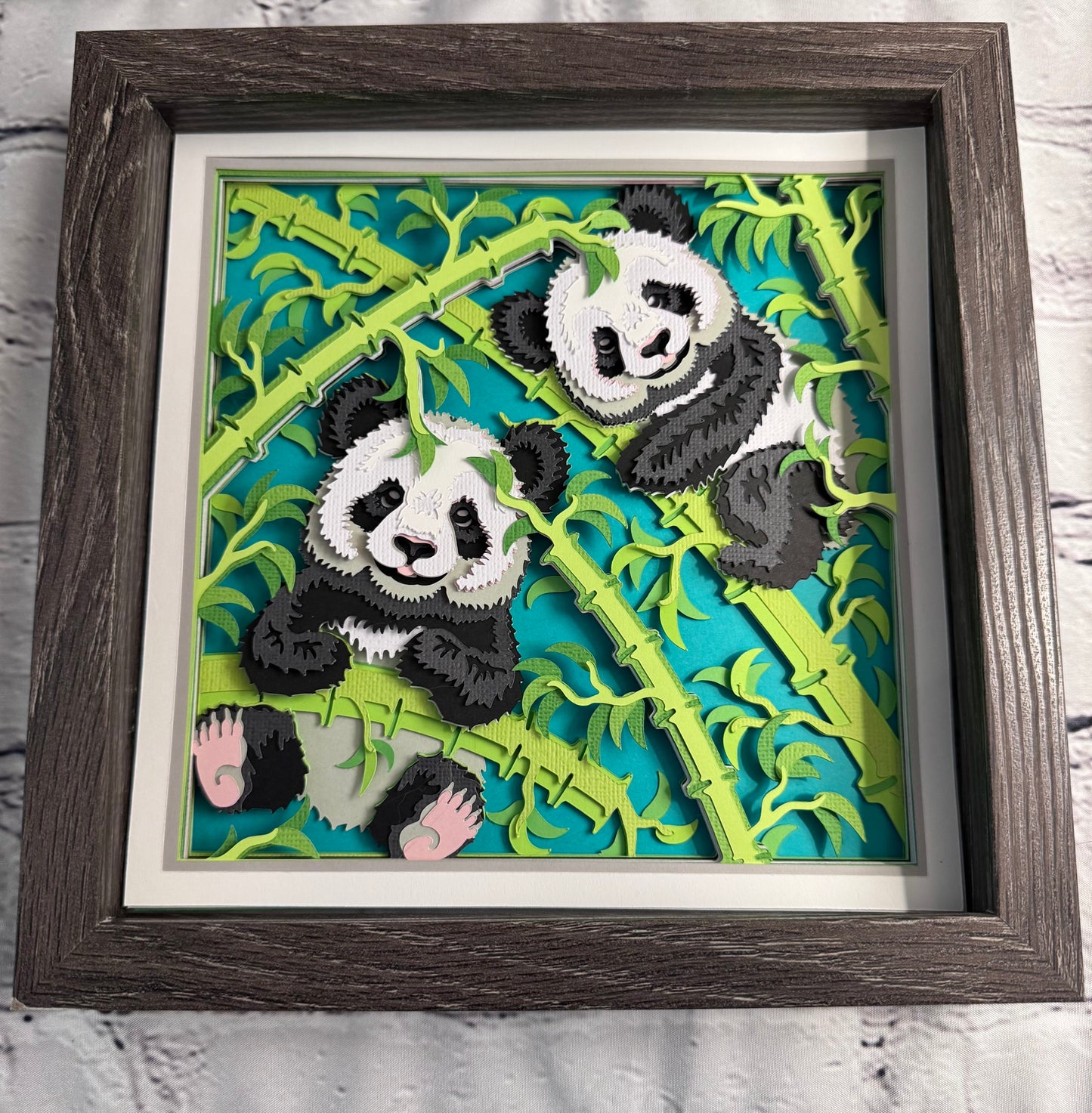 Pandas in bamboo 3D paper art shadowbox