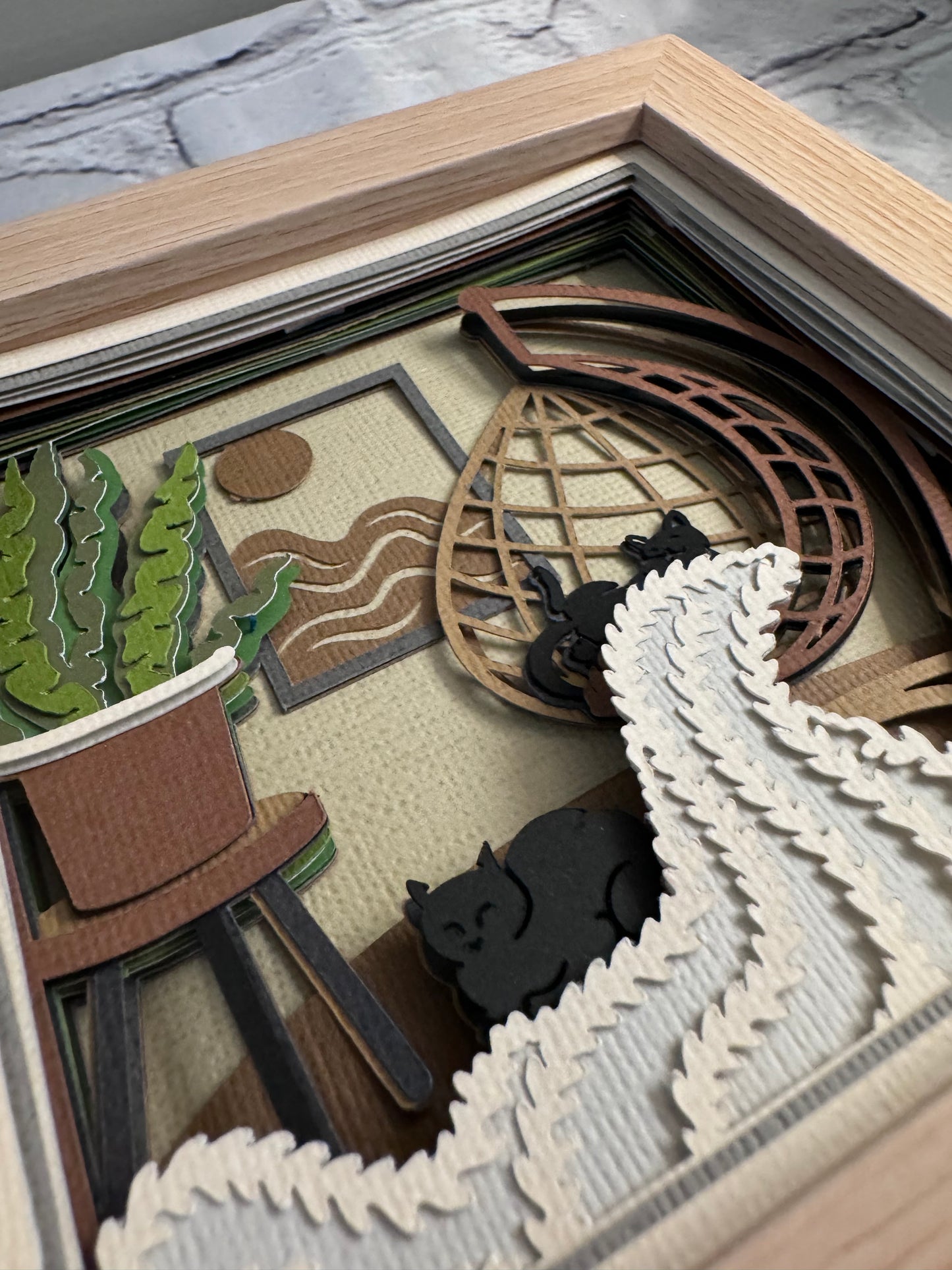 Boho cats with afghan and chair mini 3D paper art in a shadowbox