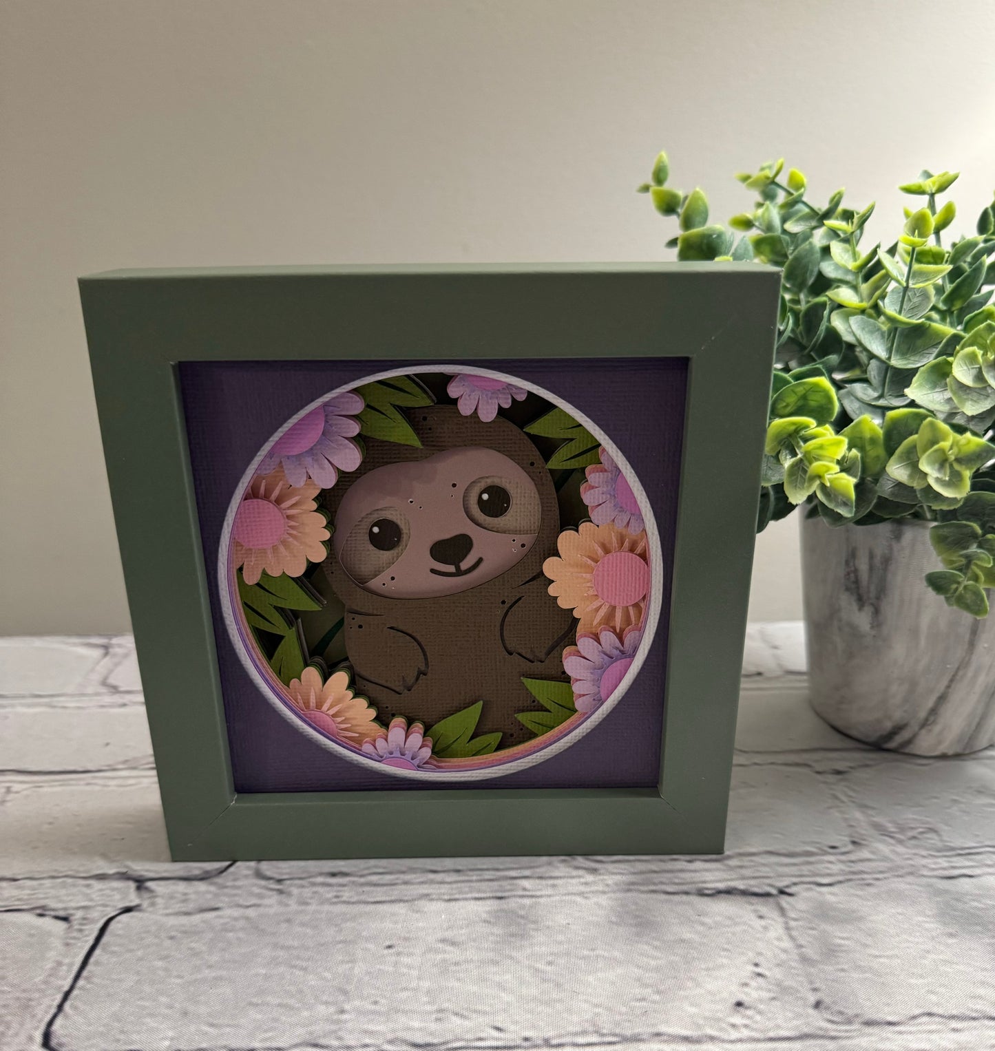 Sloth in flowers mini 3D paper art in a shadowbox