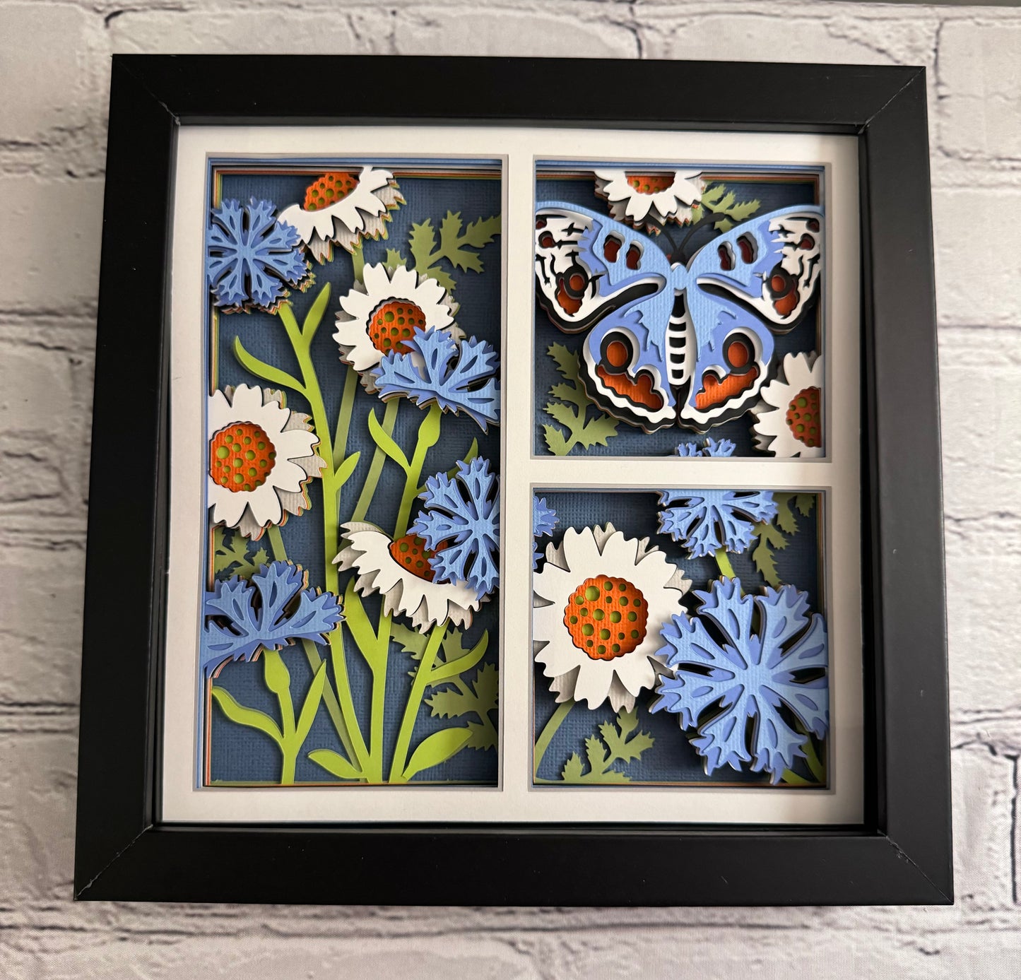 Butterfly 3 panel scene cornflower butterfly 3D paper art in a shadowbox