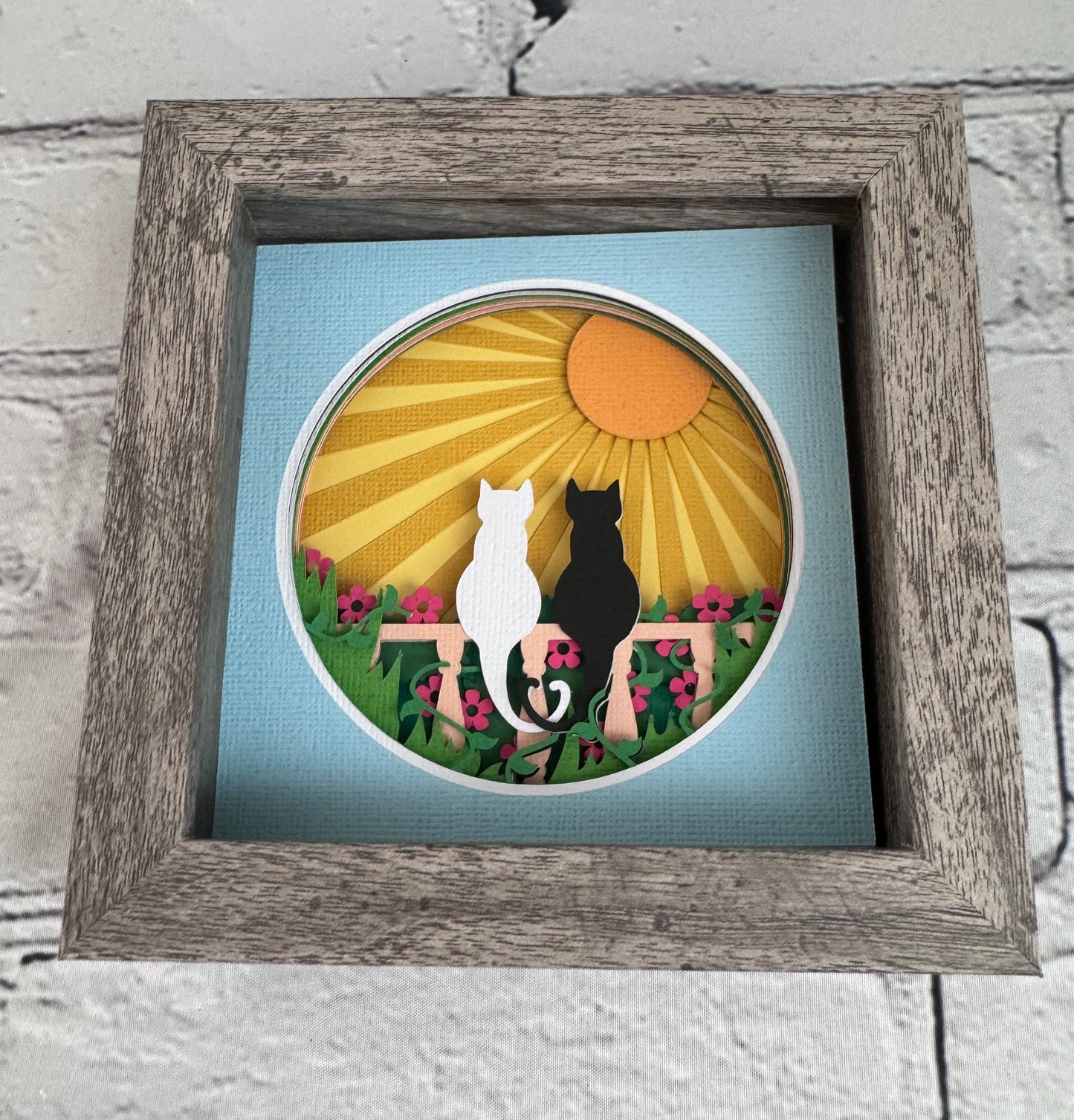 Two cats on fence with heart tails 3D paper art in a shadowbox