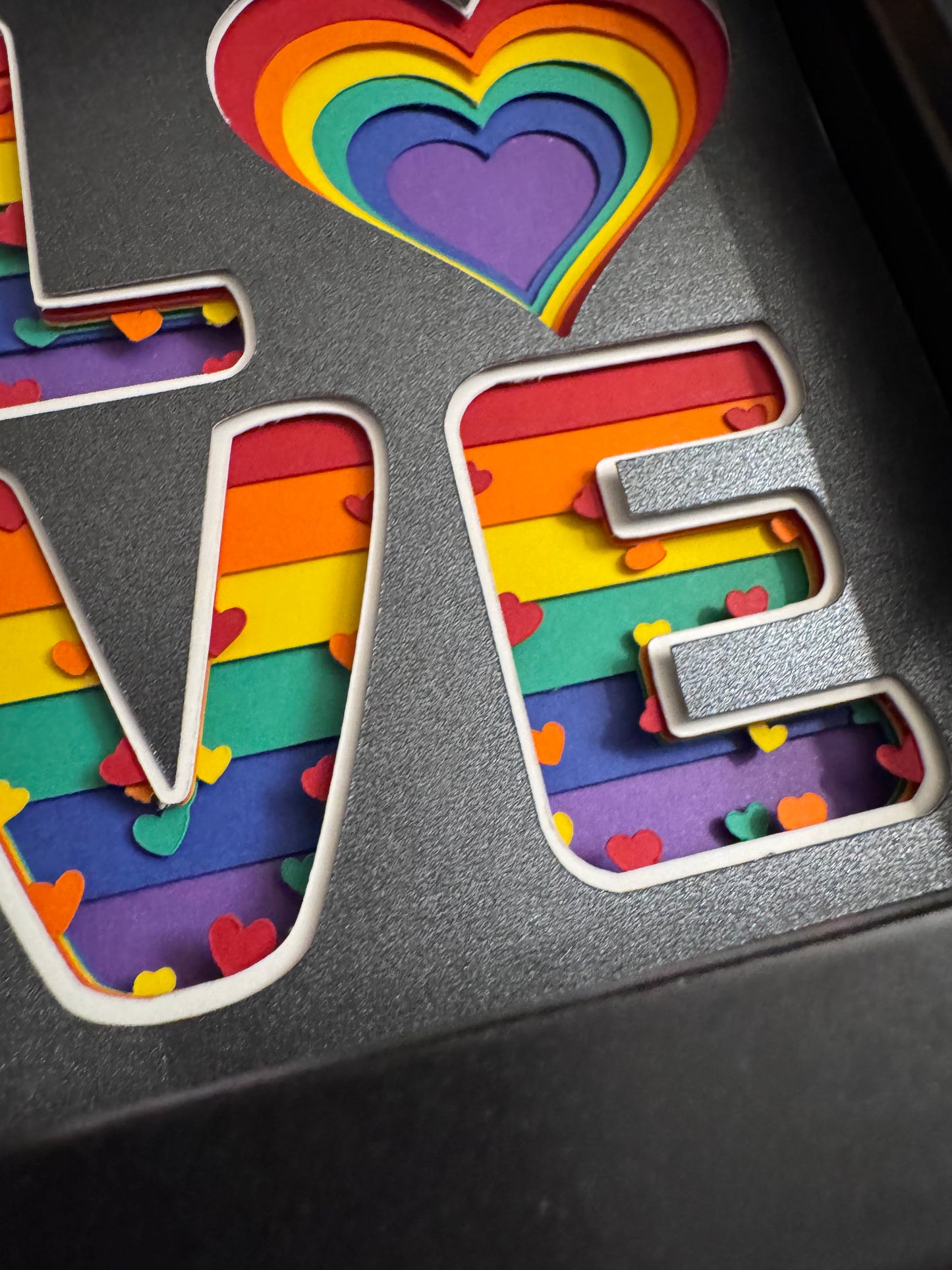 Pride rainbow love mini 3D paper art in a shadowbox