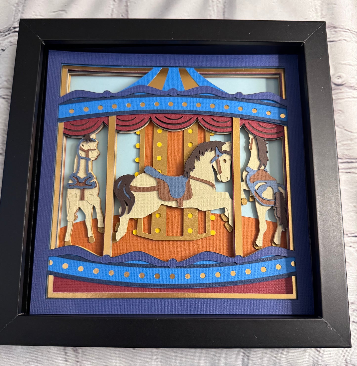 Carousel with horses 3D paper art in a shadowbox