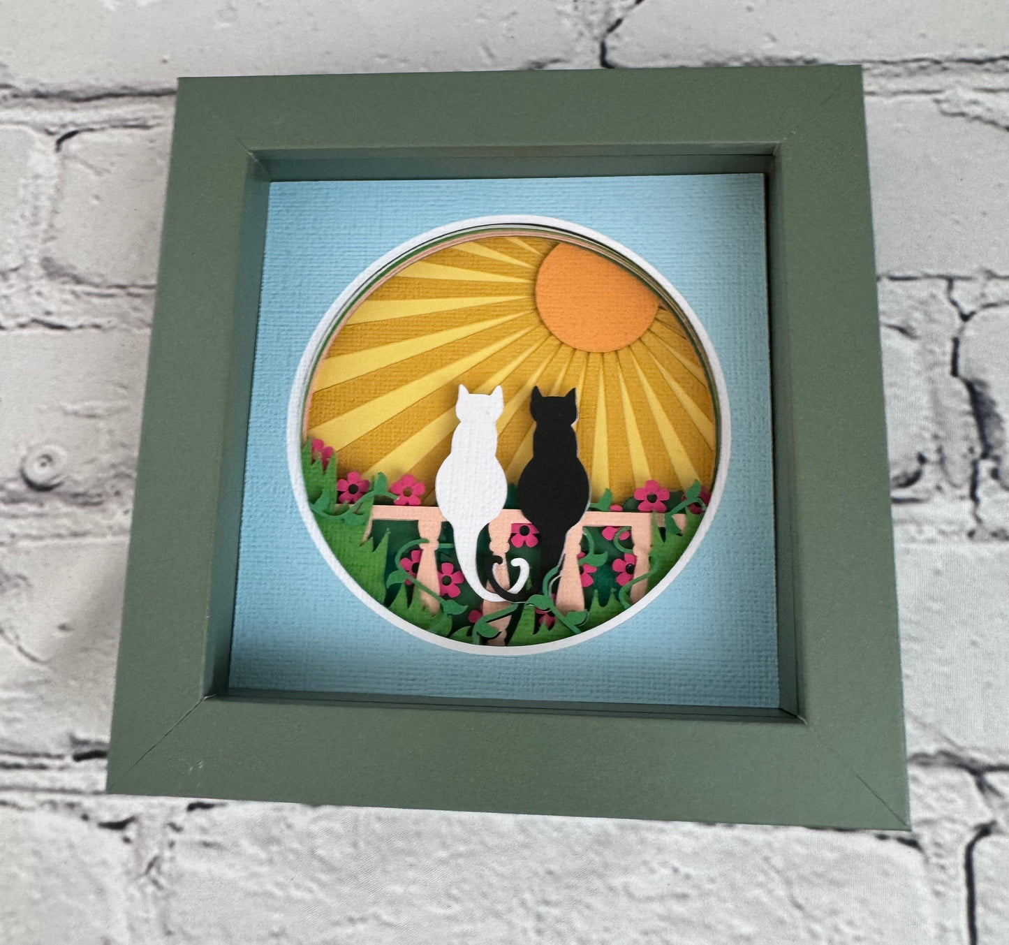 Two cats on fence with heart tails 3D paper art in a shadowbox