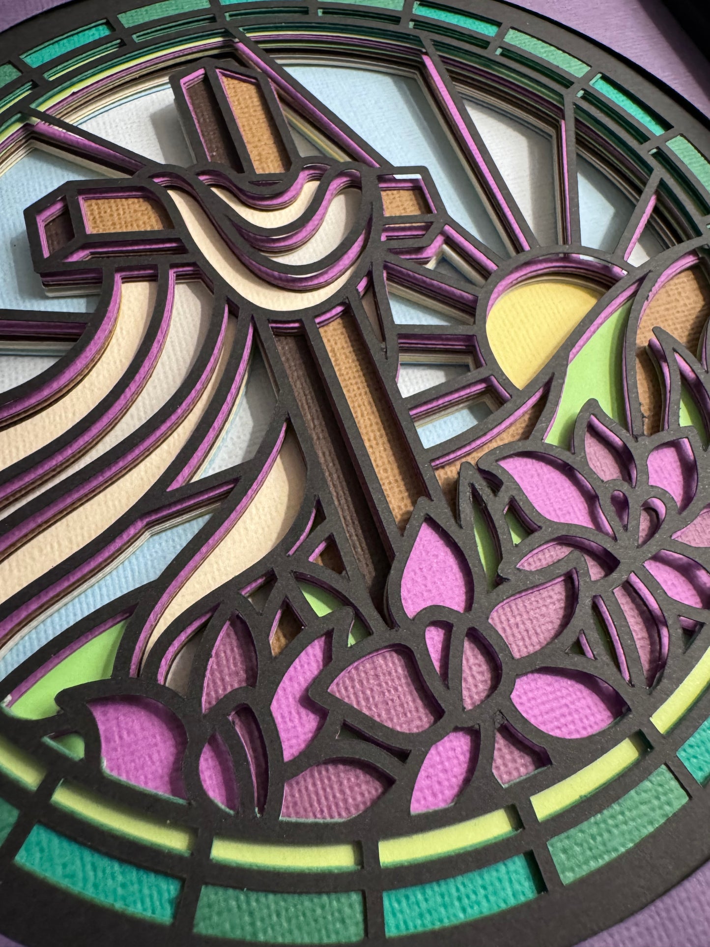 Stained glass cross on a hill 3D paper art in a shadowbox