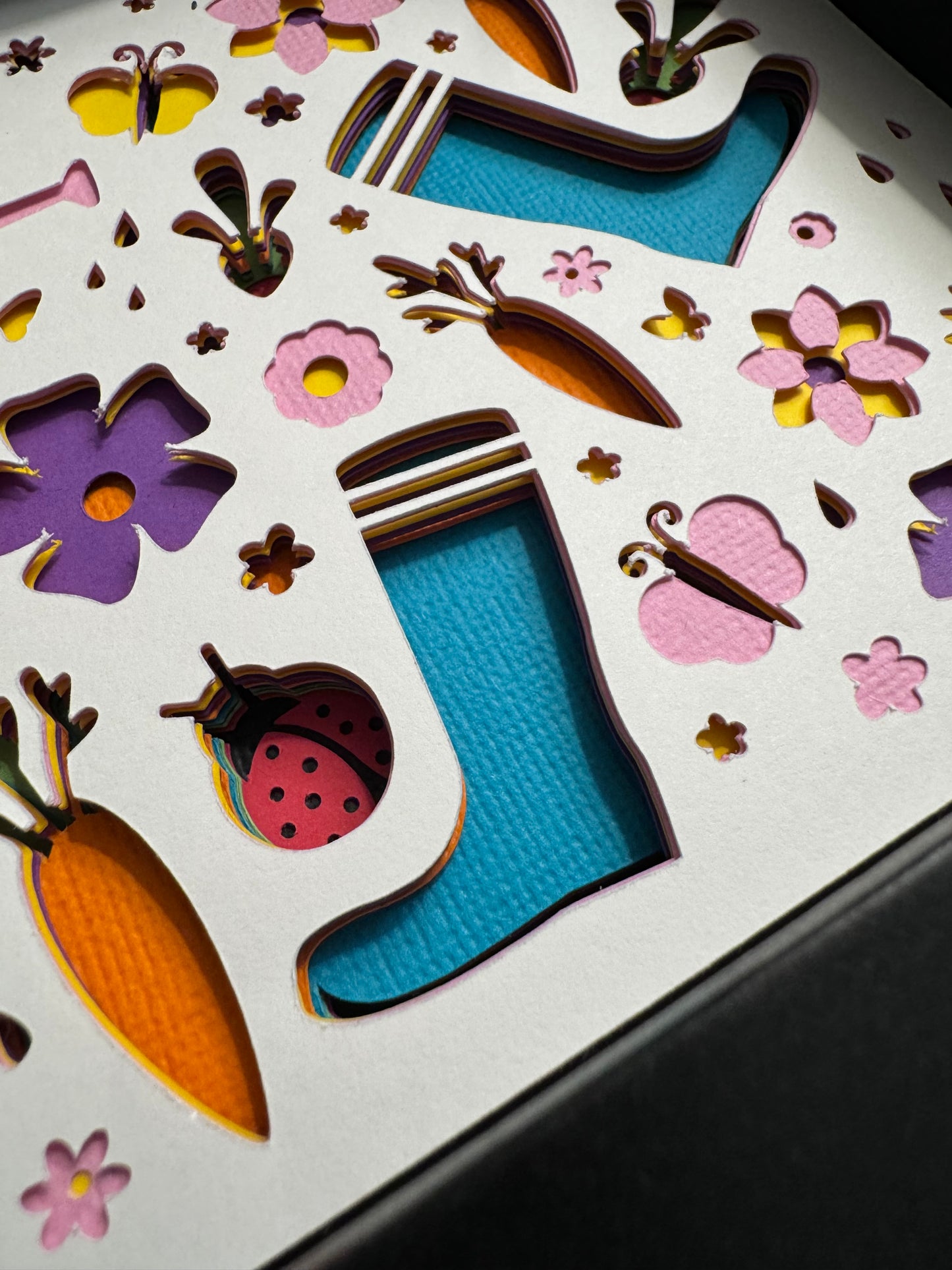 Gardening playful collage scene mini 3D paper art in a shadowbox