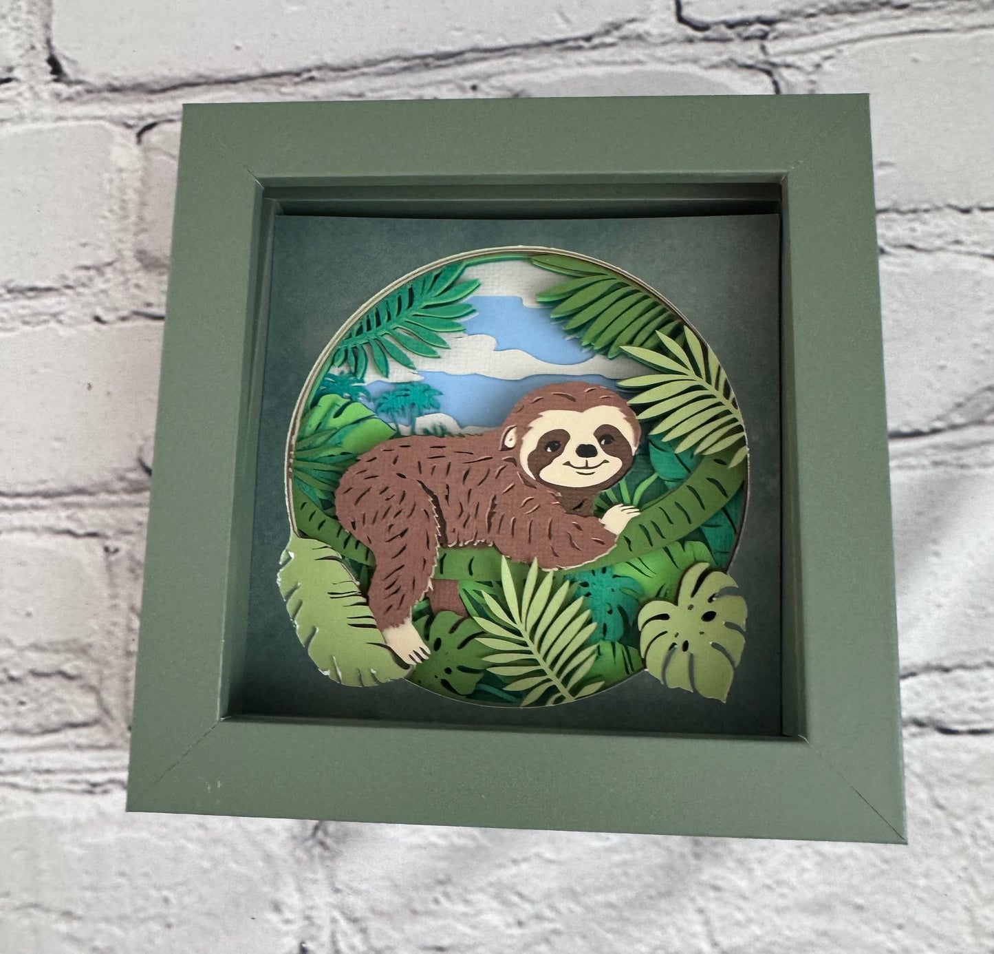 Sloth in the trees mini 3D paper art in a shadowbox