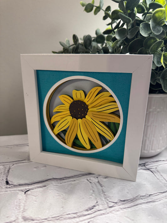 Black-eyed Susan close up mini 3D paper art in a shadowbox