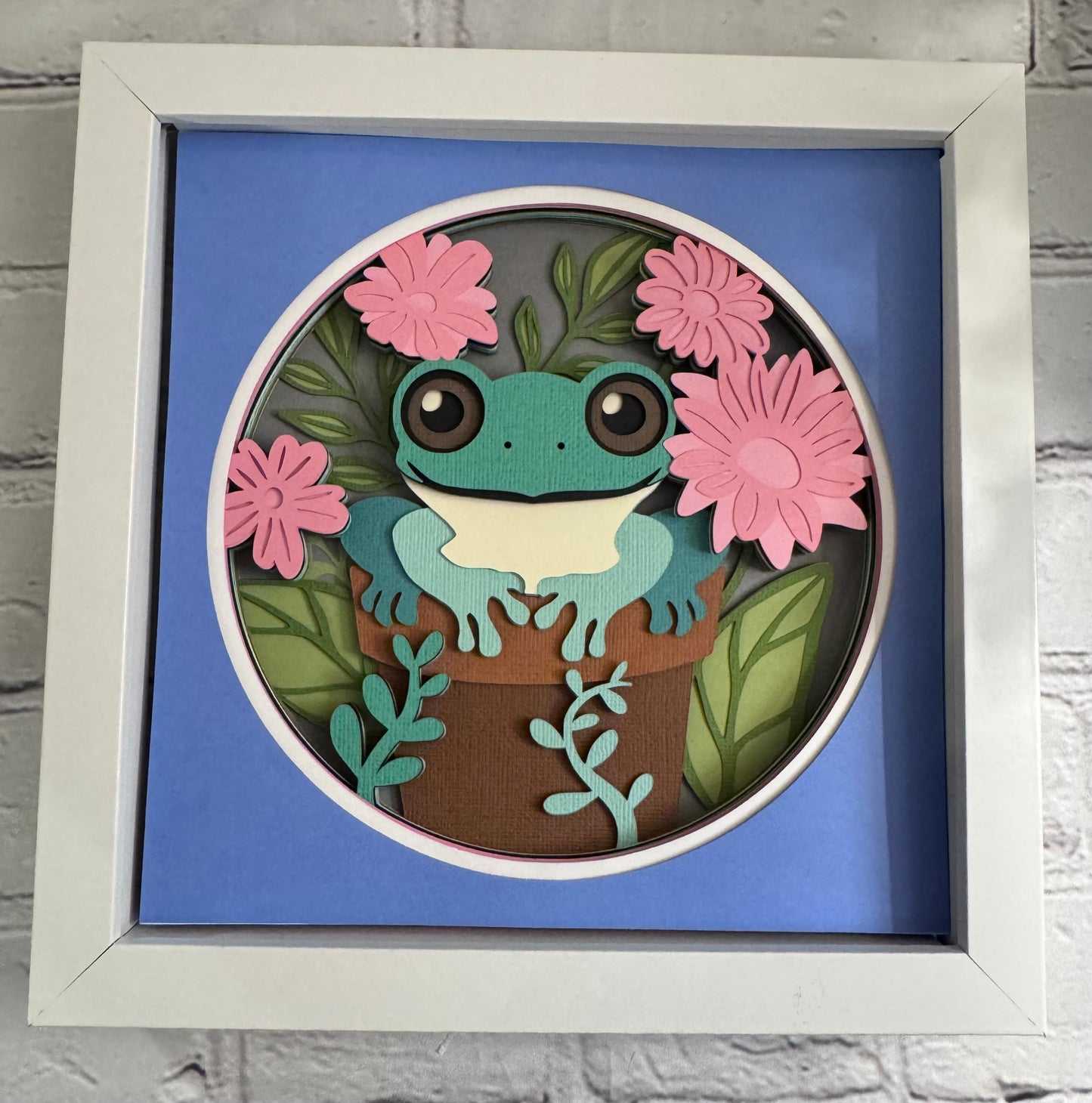 Frog in a flower pot 3D paper art in a shadowbox