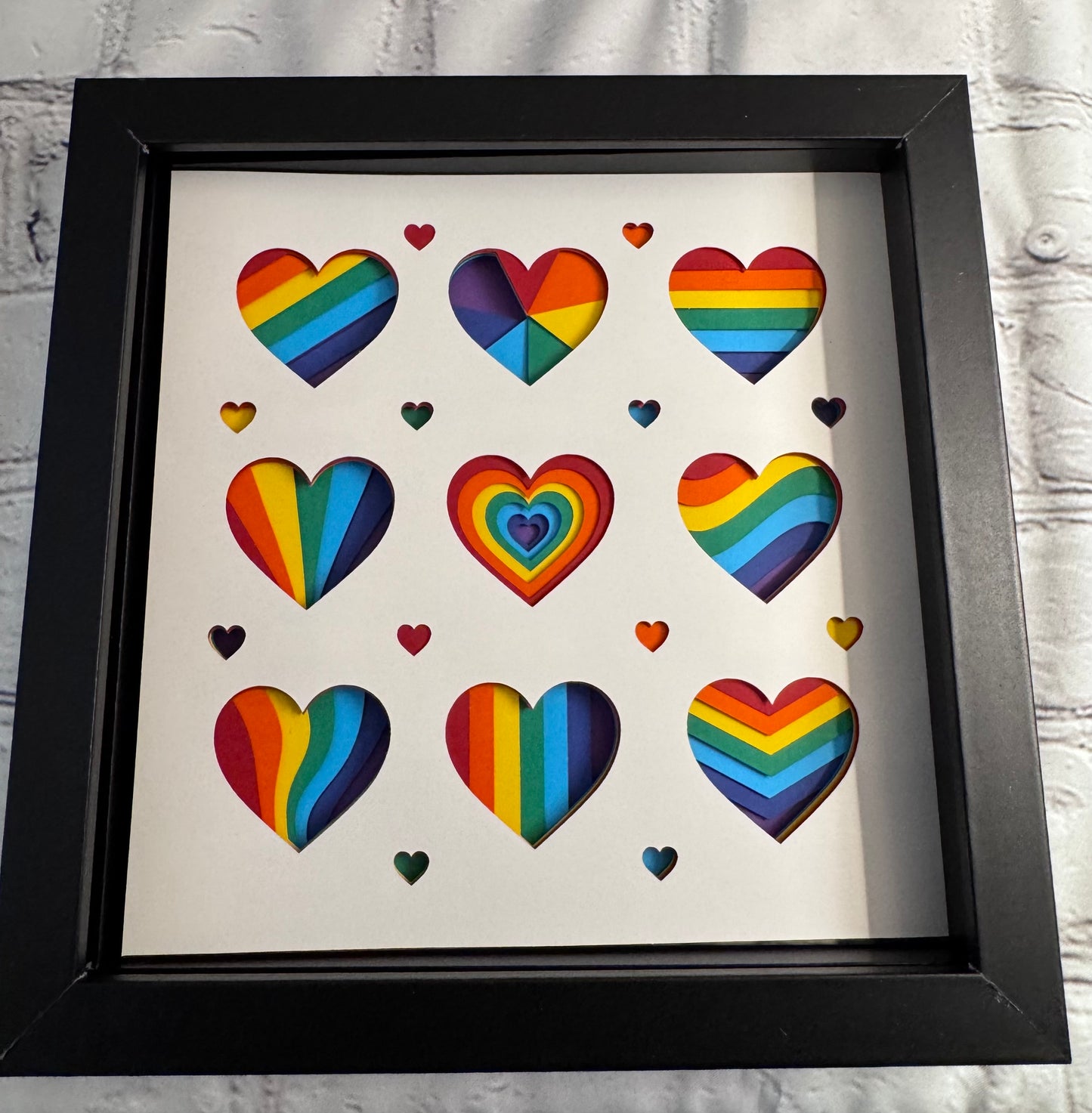 Rainbow hearts pride 3D paper art in a shadowbox