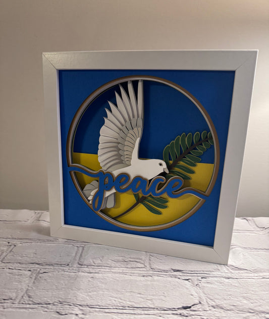 Ukraine peace dove 3D paper art in a shadowbox