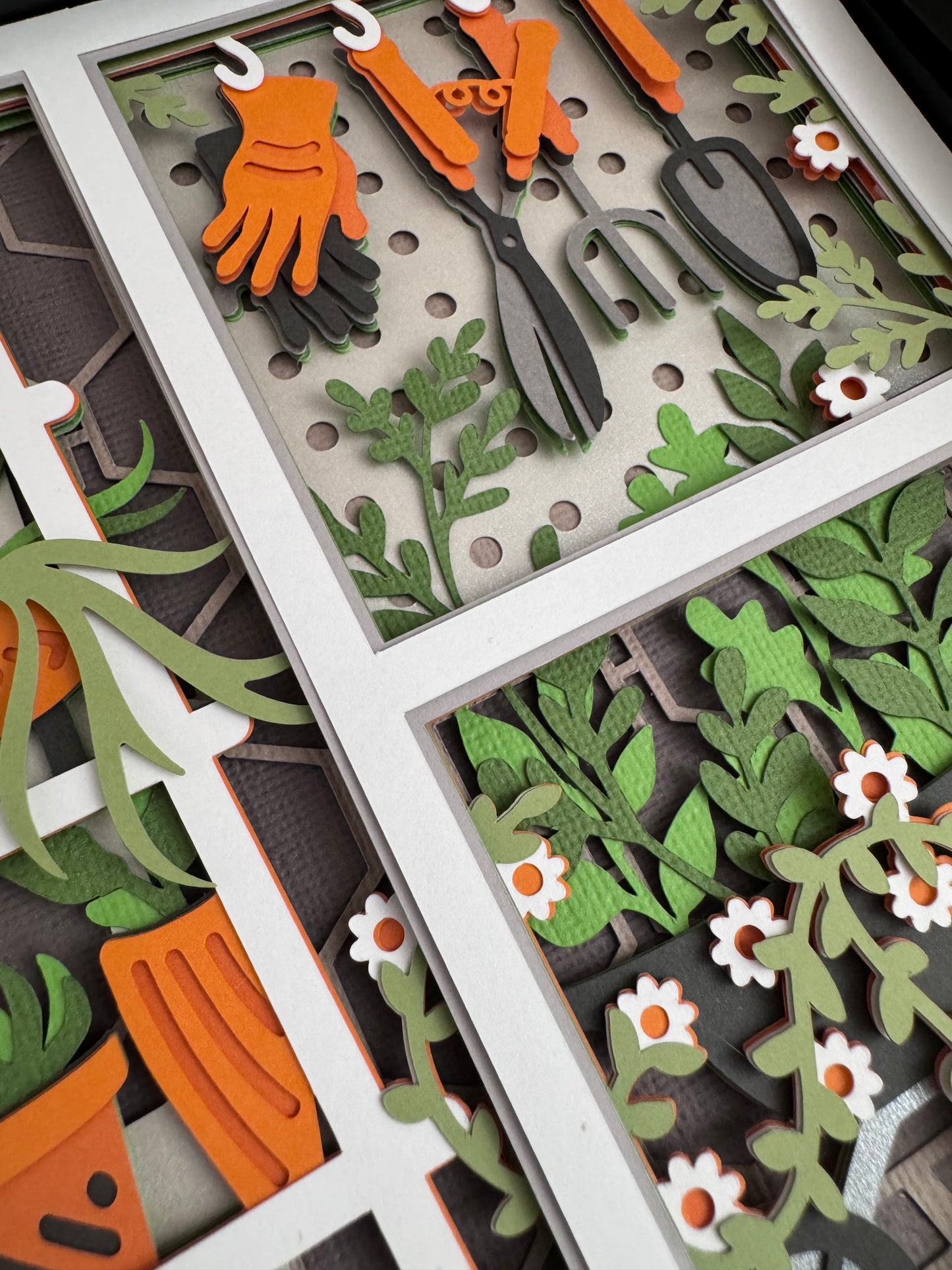 Gardening scene three panel 3D paper art in a shadowbox
