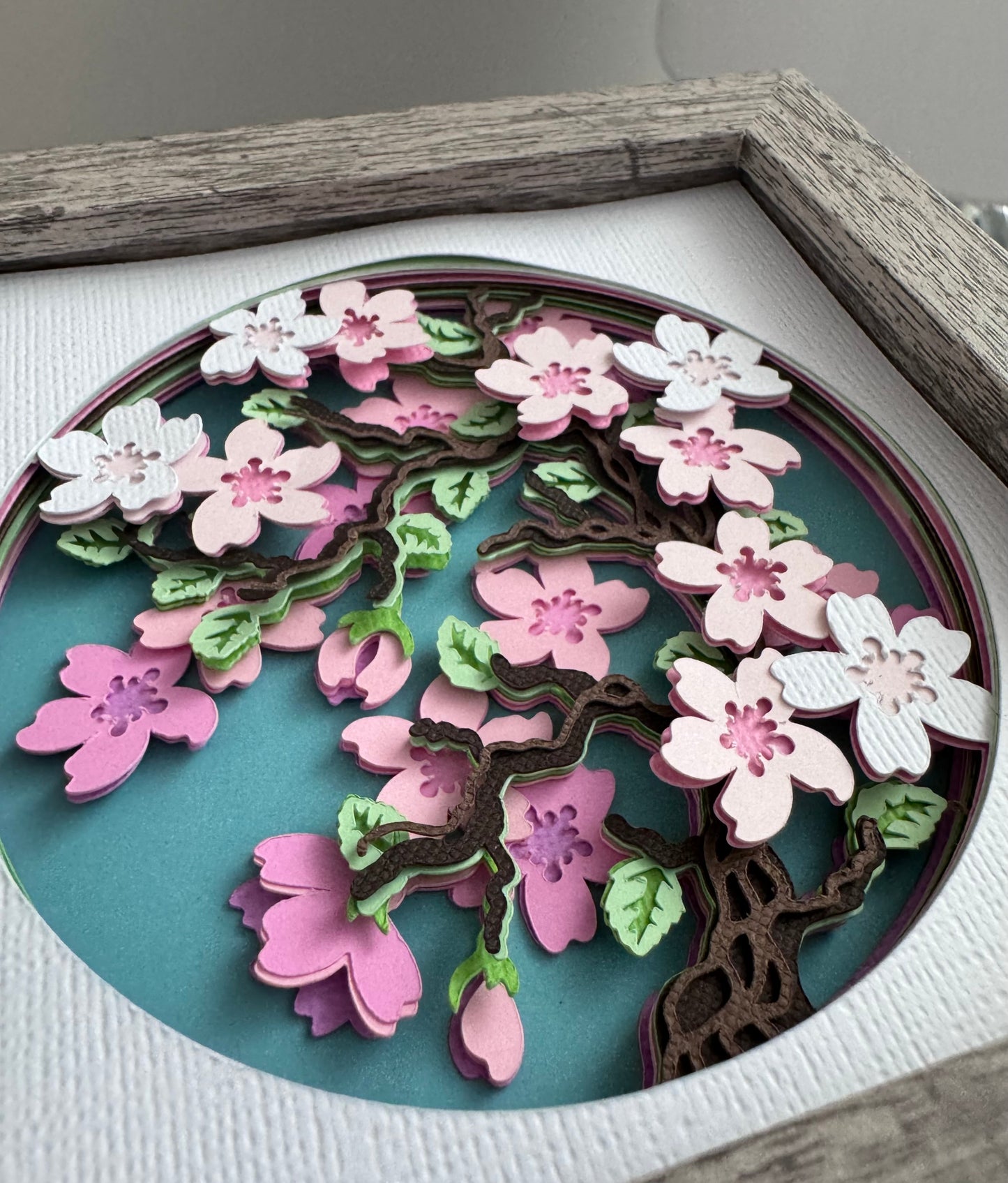 Cherry blossom branch mini 3D paper art in a shadowbox