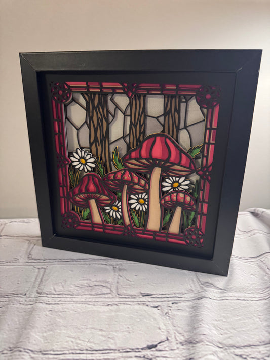Stained glass mushroom forest 3D paper art in a shadowbox