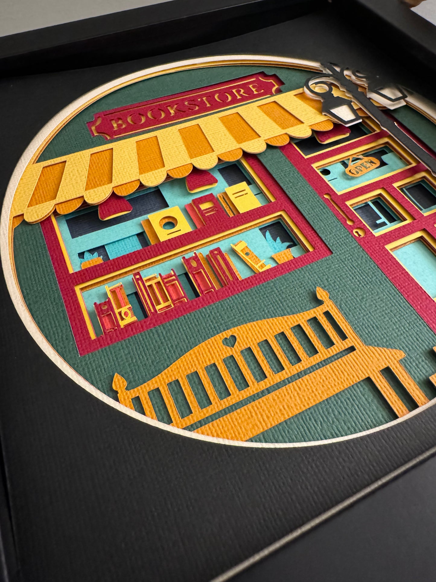 Bookstore 3D paper art in a shadowbox