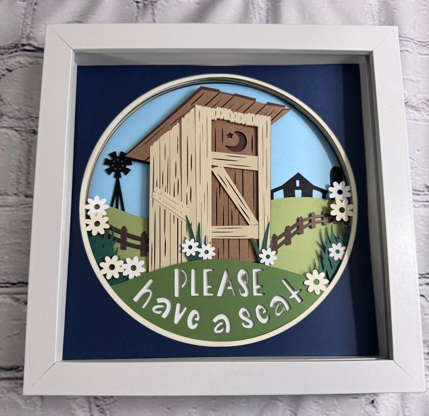 Have a seat outhouse 3D paper art in a shadowbox
