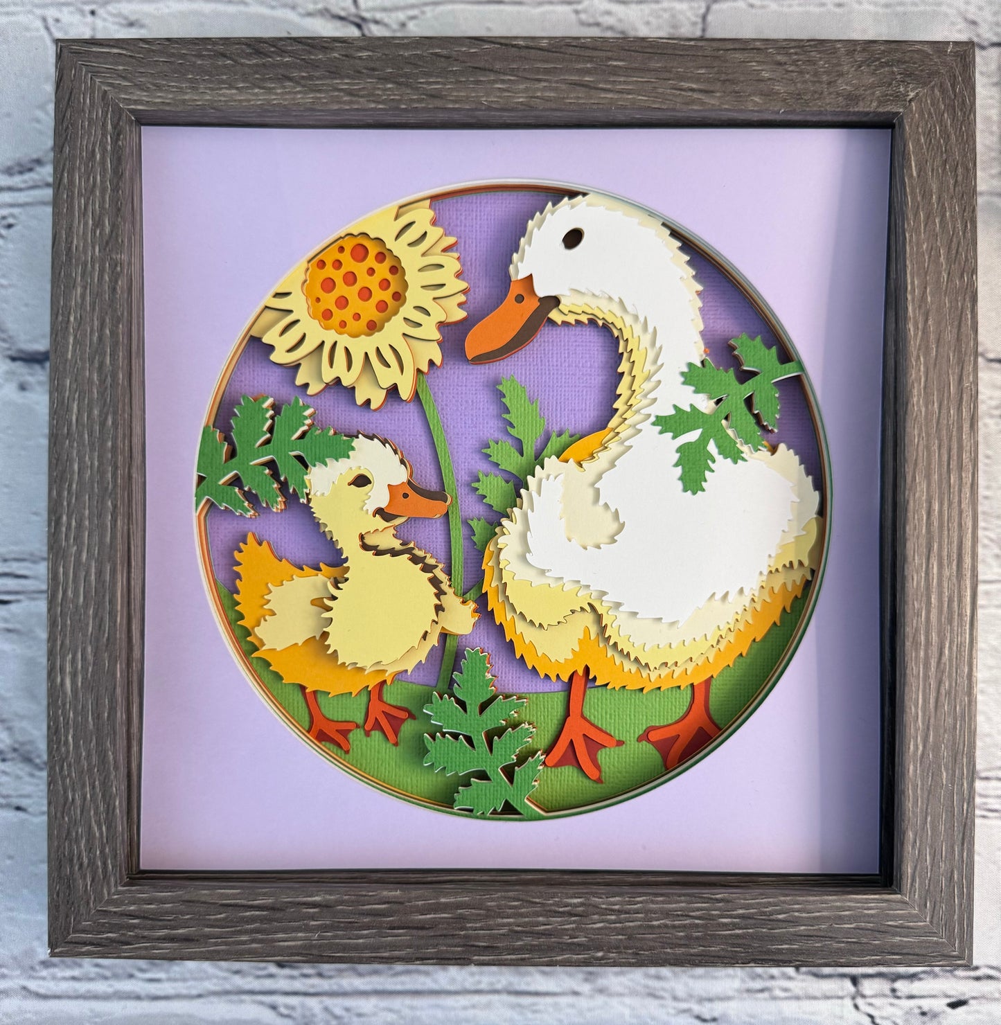 Mama duck and duckling 3D paper art in a shadowbox