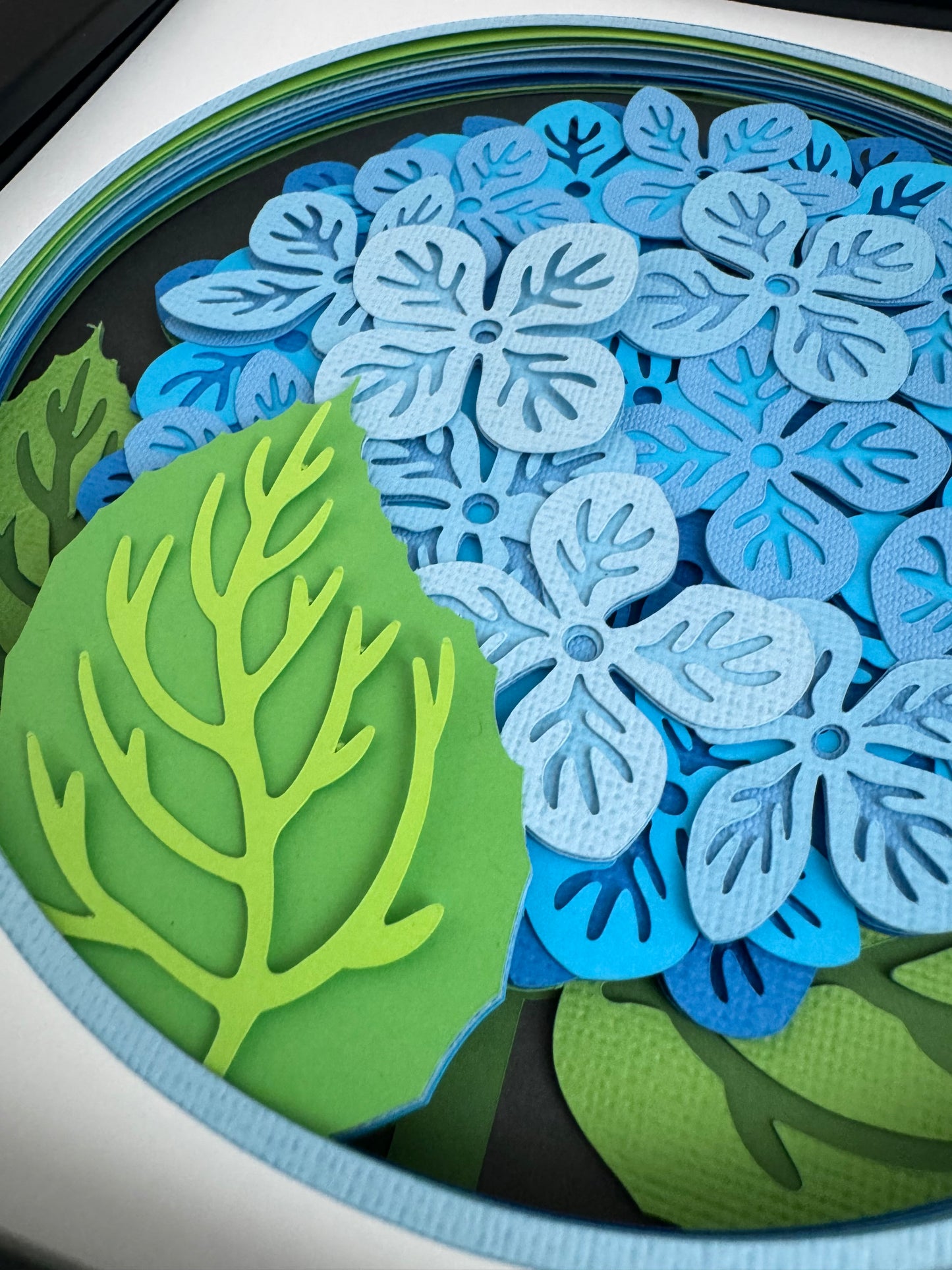 Hydrangea branch flowers 3D paper art in a shadowbox