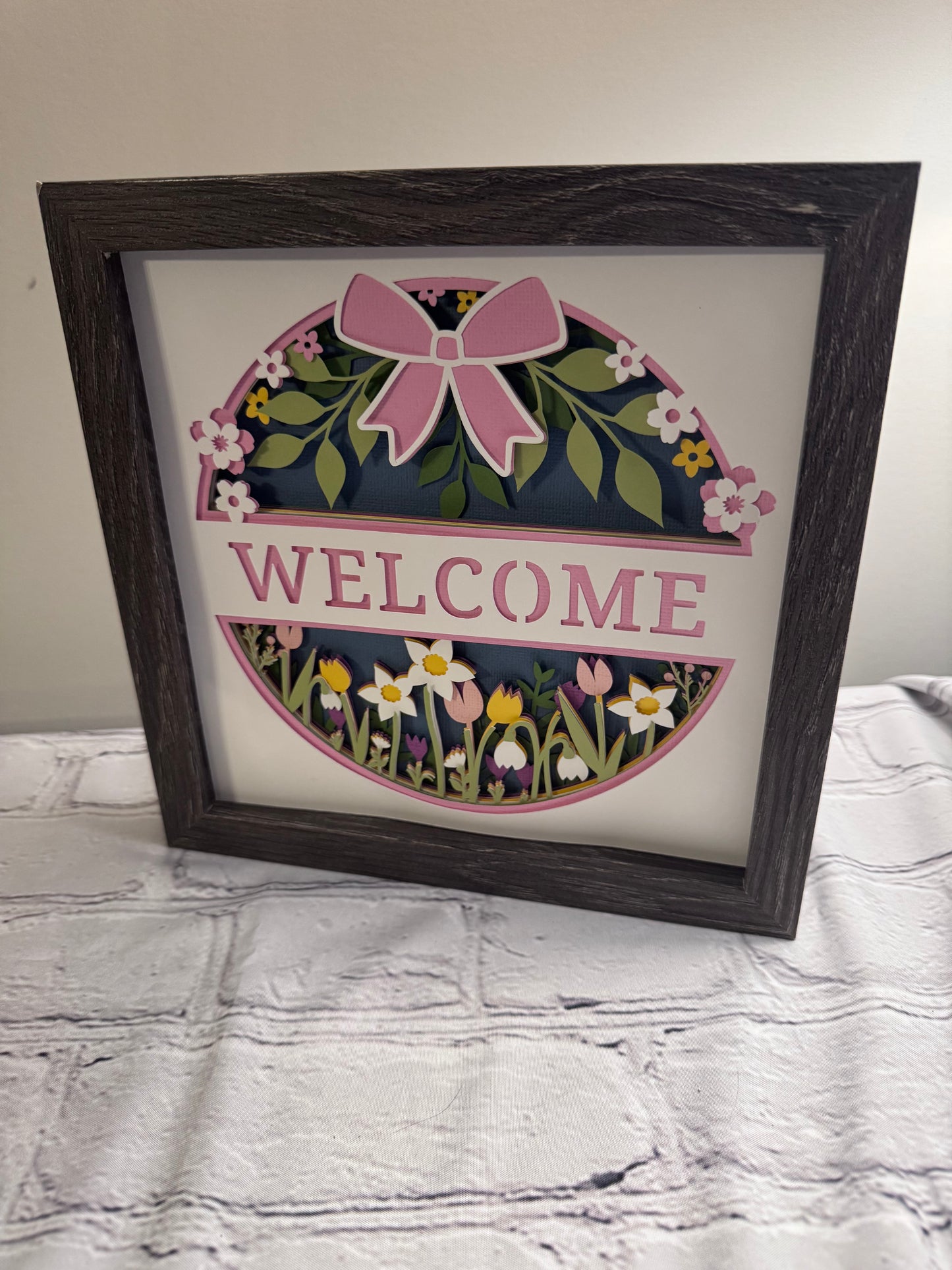 Spring welcome with flowers 3D paper art in a shadowbox