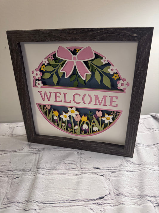 Spring welcome with flowers 3D paper art in a shadowbox