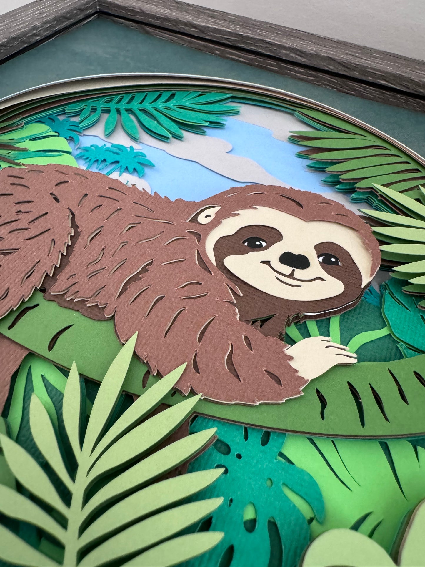 Sloth in the trees 3D paper art in a shadowbox