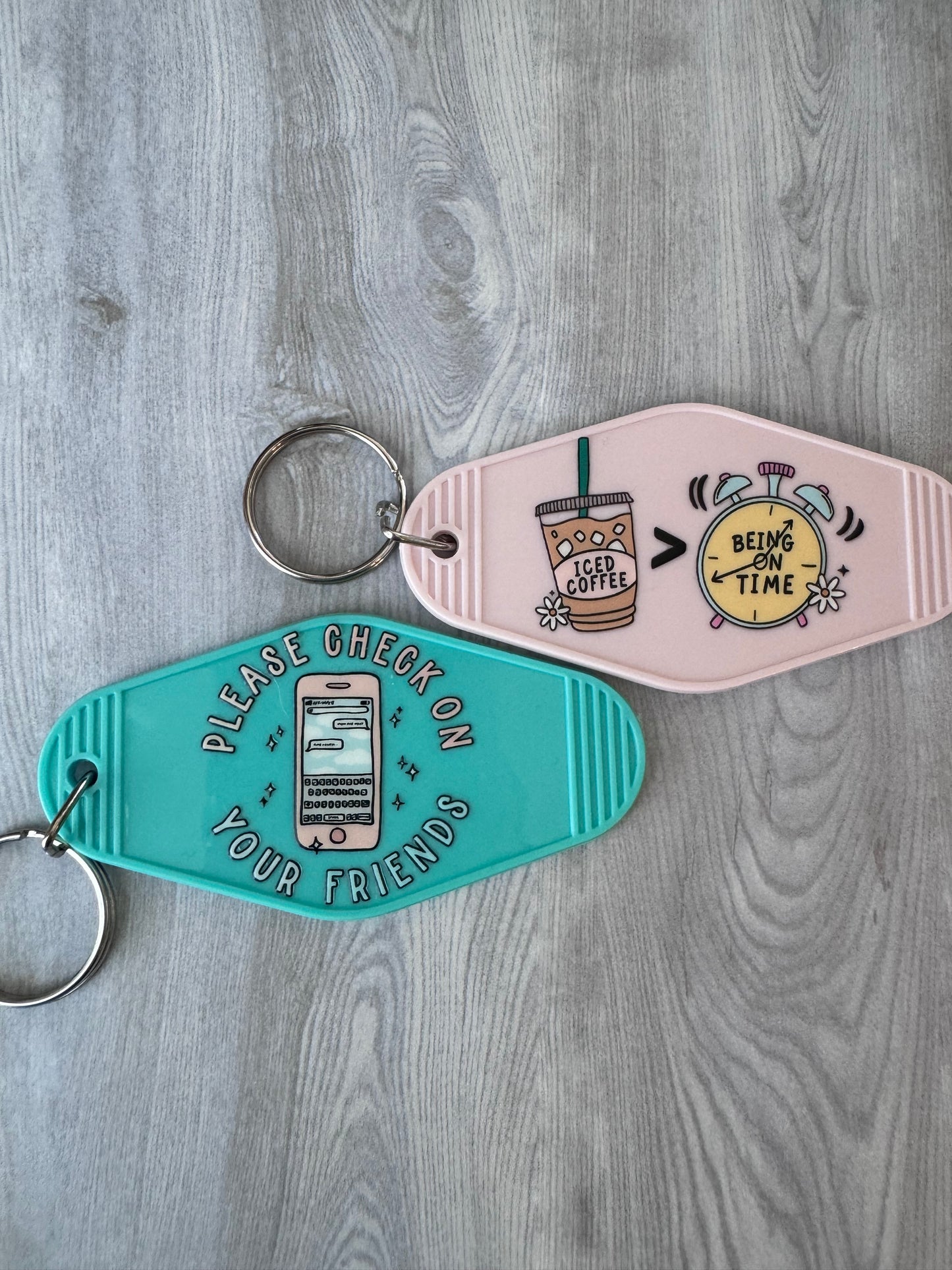 Please check on your friends retro motel keychain