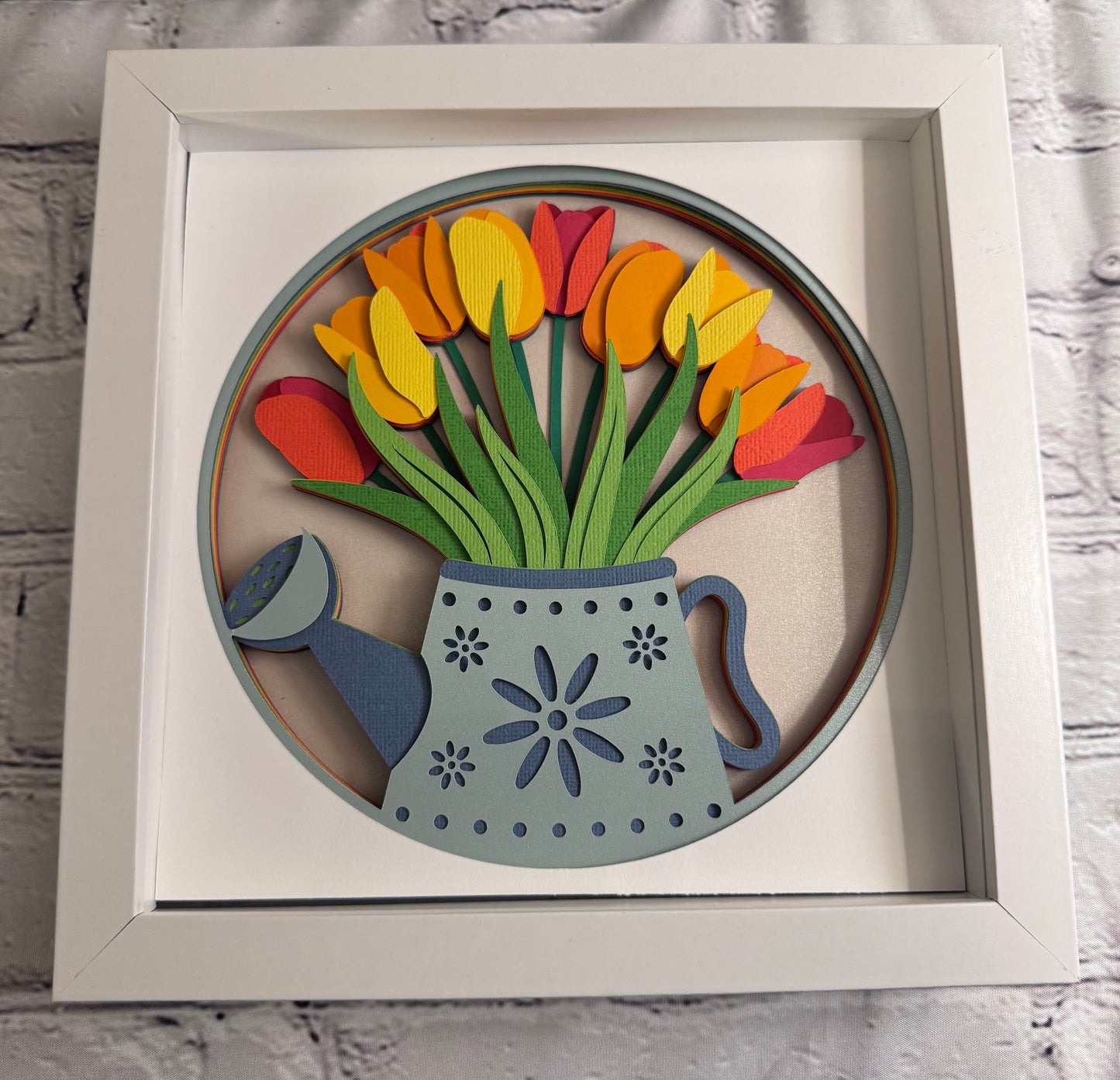 Tulips in a watering can 3D paper art in a shadowbox