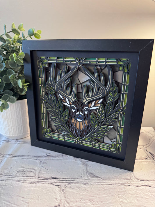 Stained glass buck 3D paper art in a shadowbox